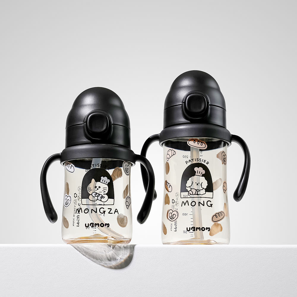 UBMOM PPSU特別版吸管杯 (黑色烘焙-牛角包萌萌狗 280ml) -標配彈蓋帶重力球及直飲管
