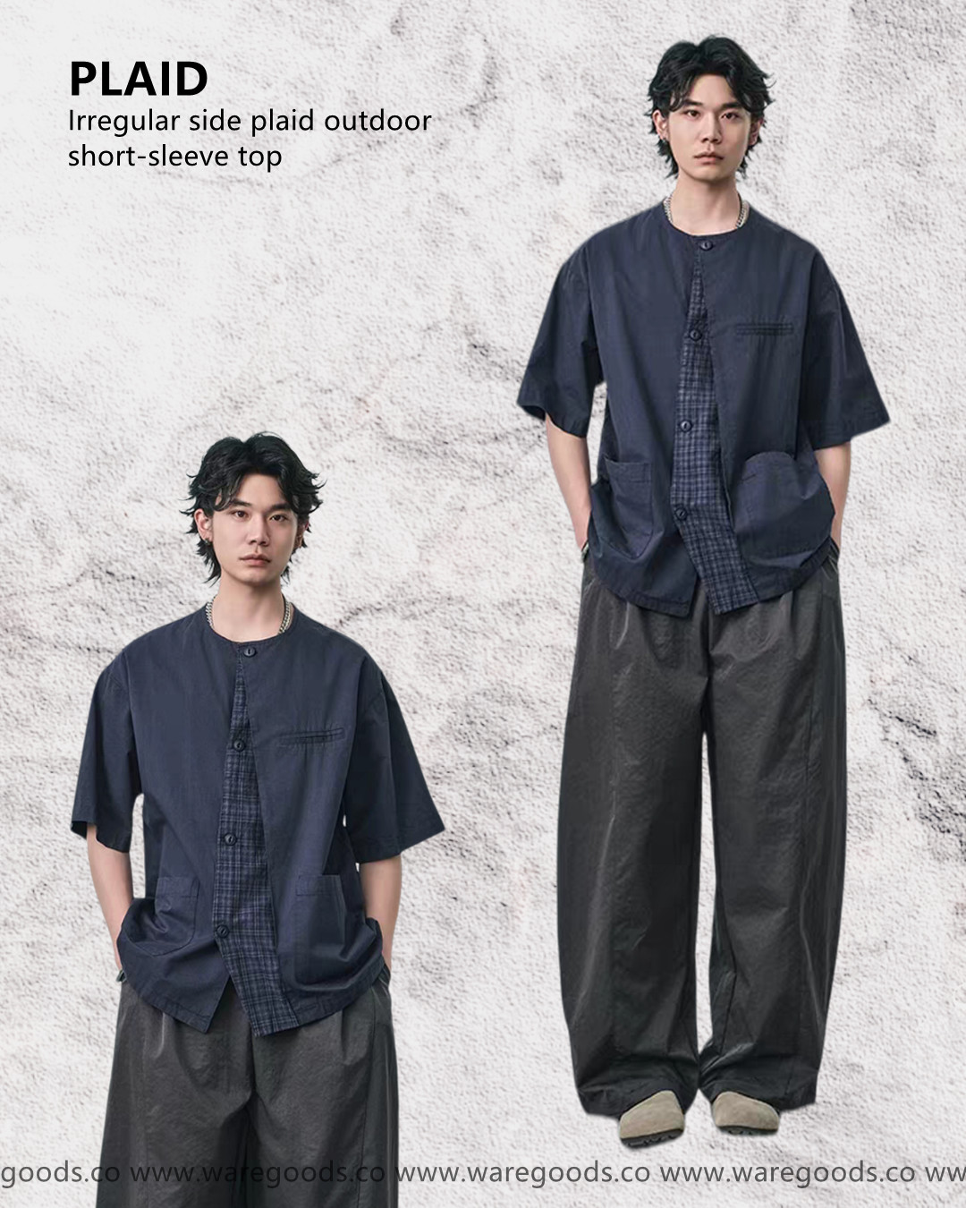 W053不規則格仔拼接短袖上衣