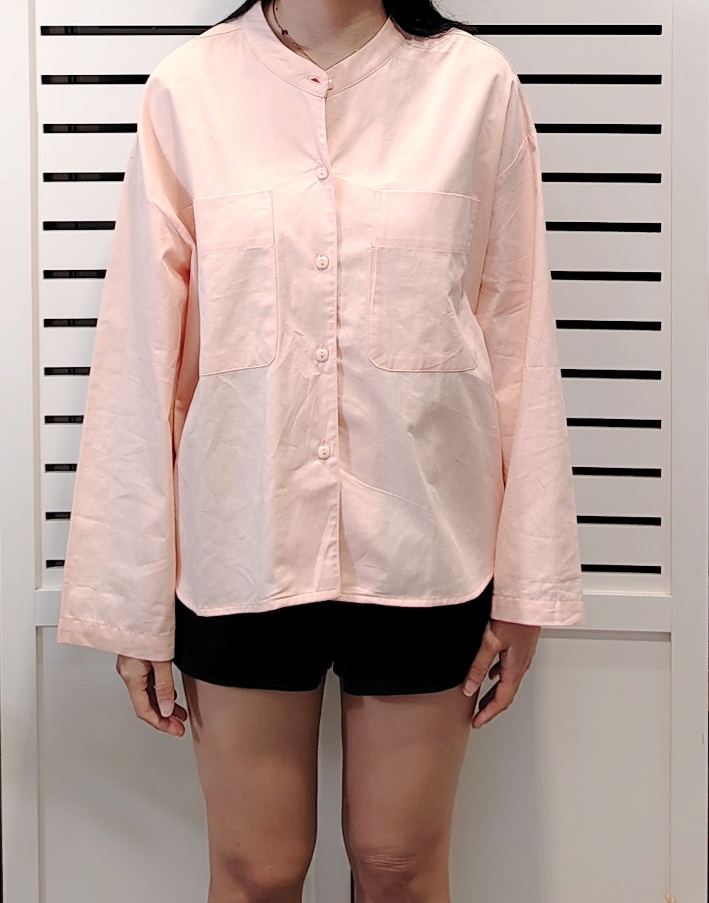 H1010 Medium Collar Long Sleeve Shirt Double Pocket 