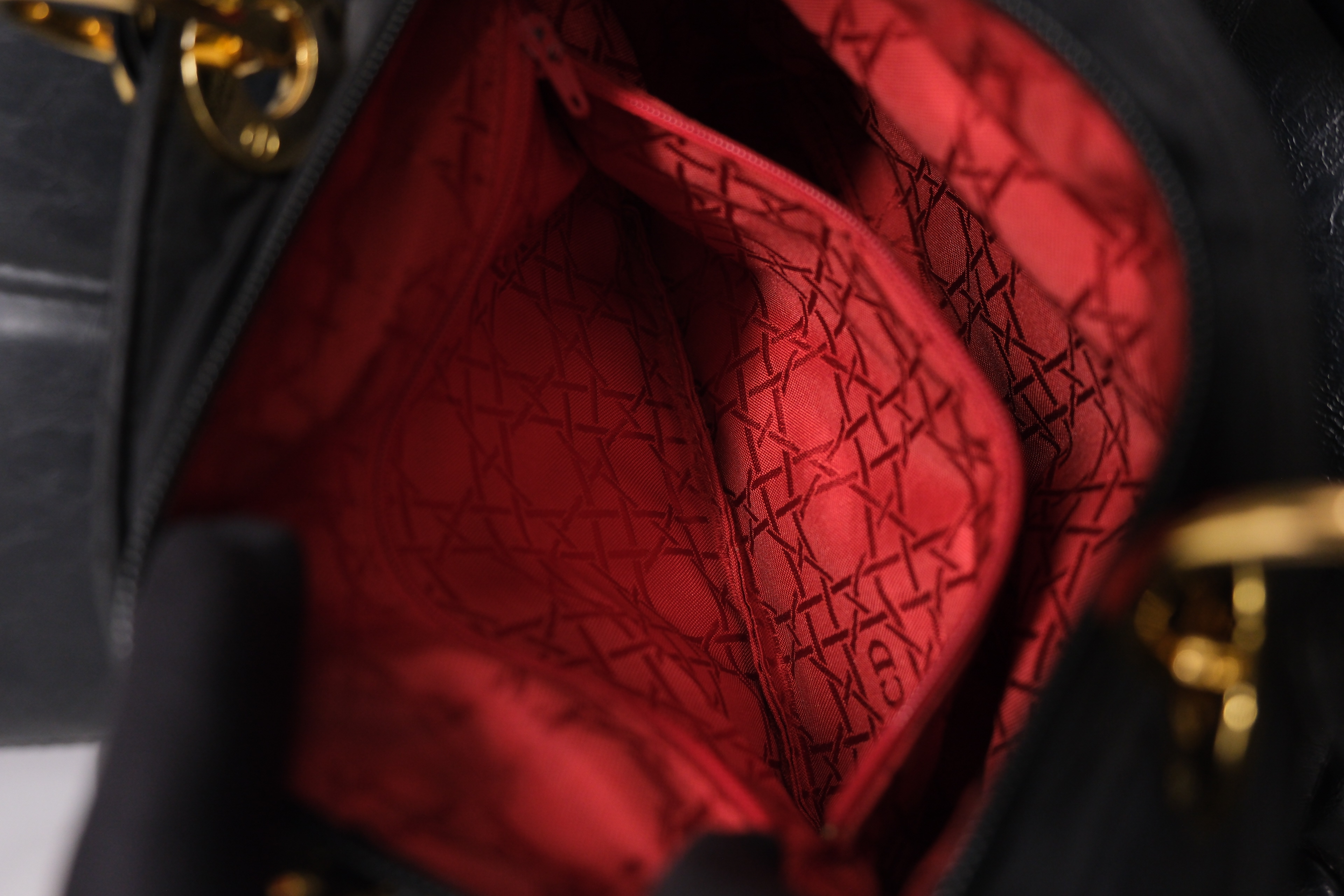 Dior Lady Dior Cannage Nylon Hand Bag Black Gold