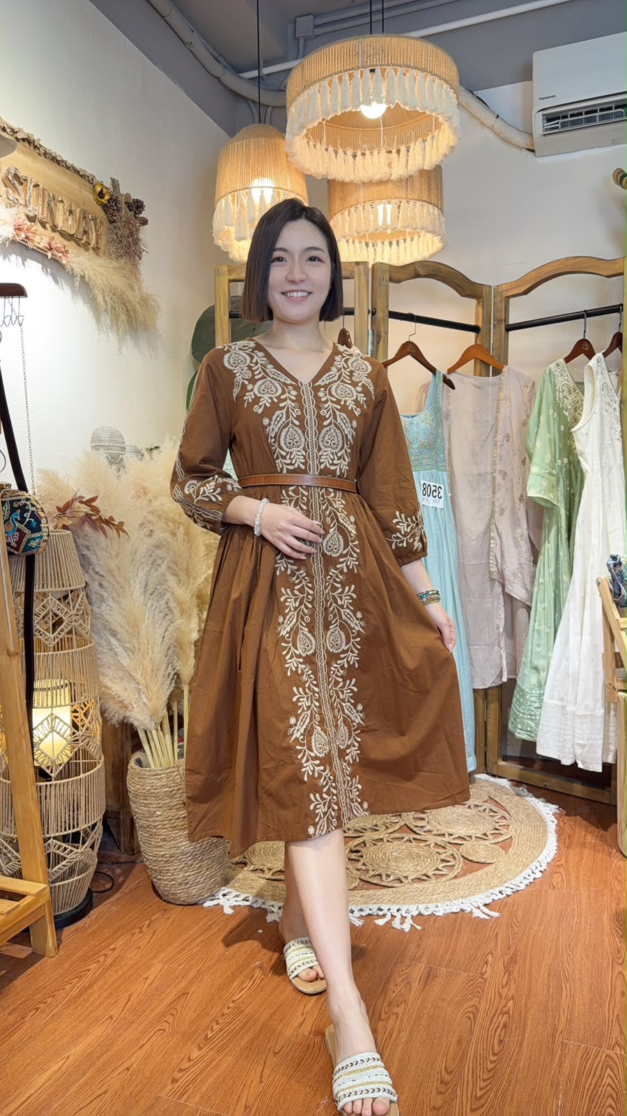 3524 Caramel Brown With Beige Emb Twisted Belt