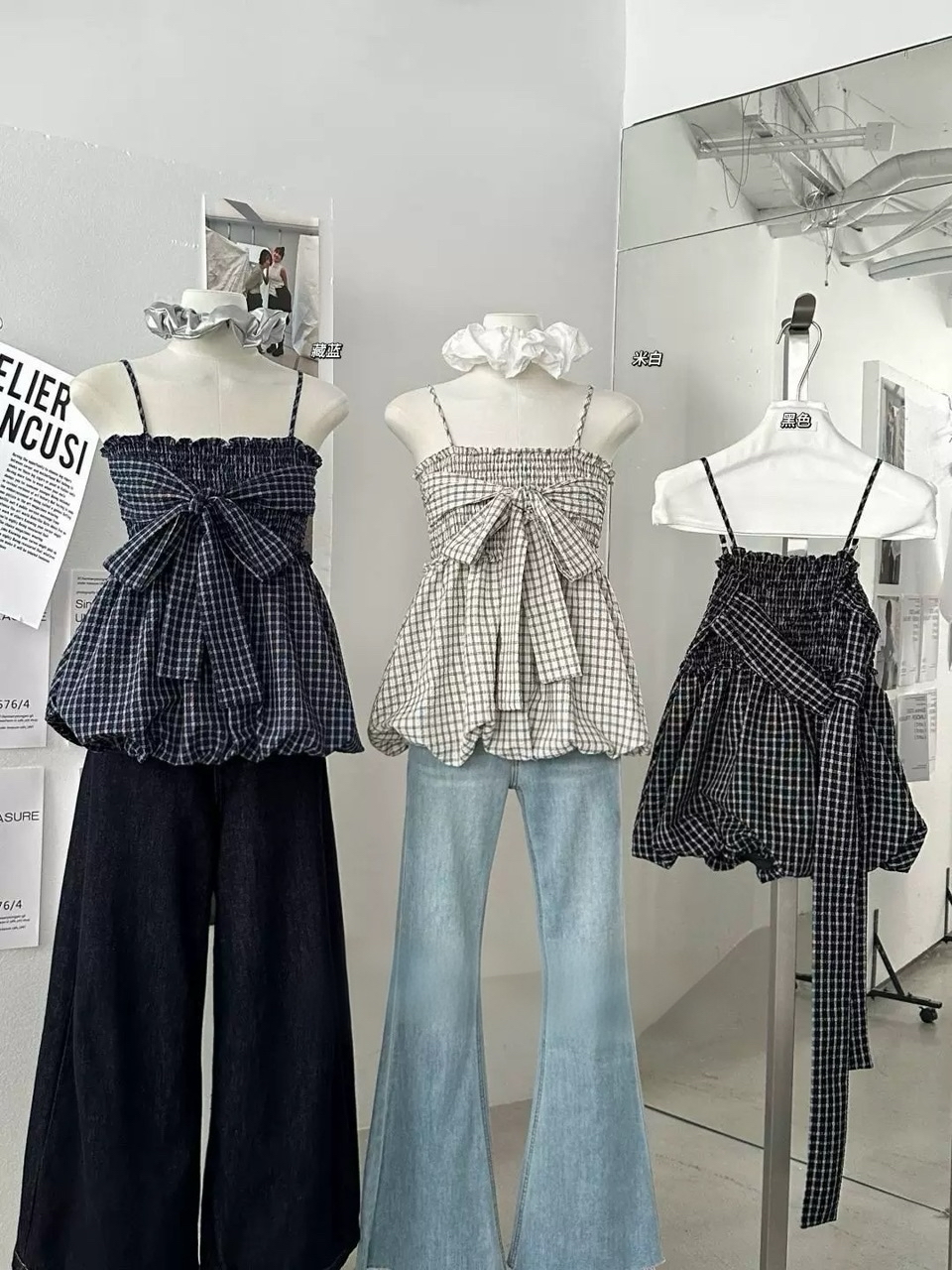 格子花苞吊带蝴蝶结