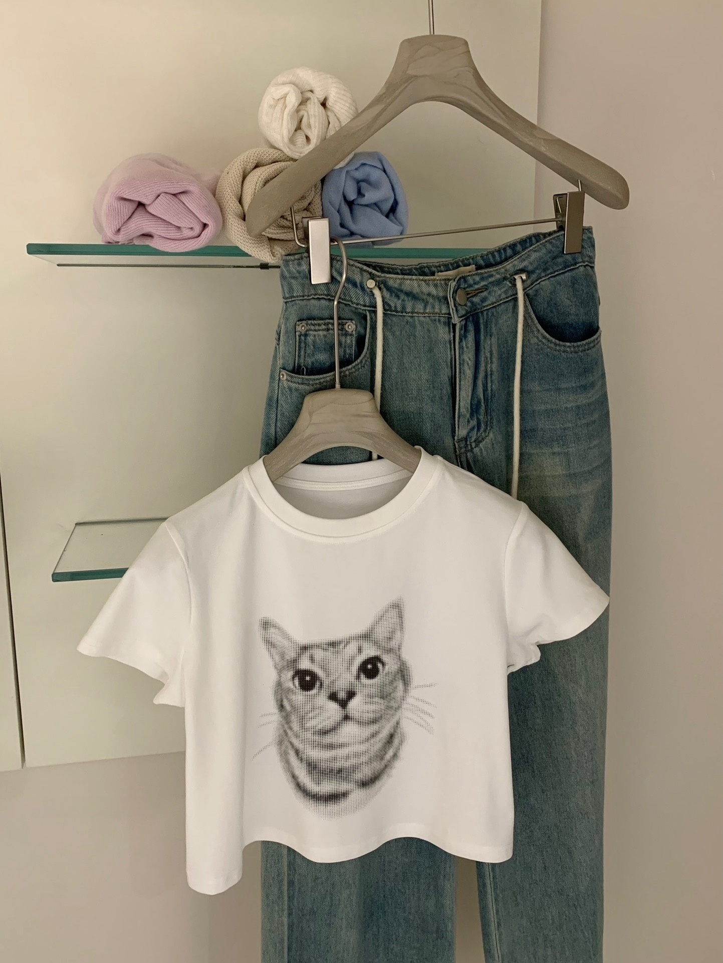 Oh Kitty Roundneck T-shirt Ins风可爱猫咪印花圆领短款Tee ( 2 colours )