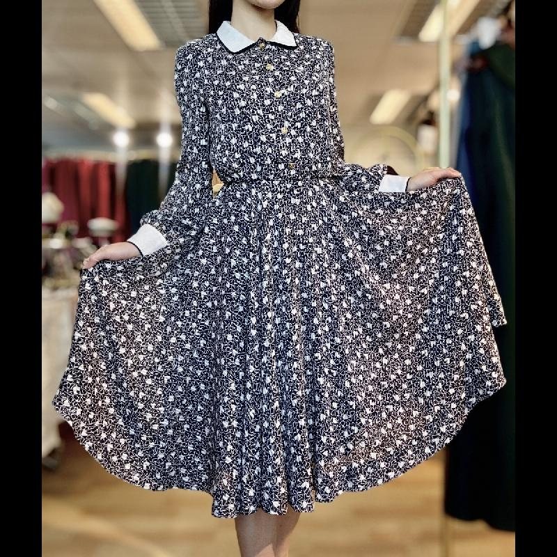 Vintage Japanese Pattern Swing Dress with White Collar and Cuff (PP001-29)