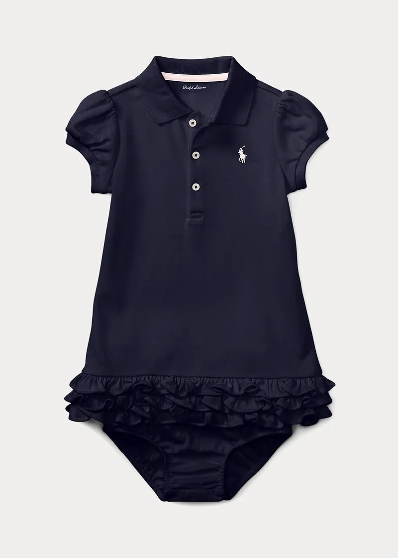 [彌月送禮] Polo Ralph Lauren 女嬰深藍色荷葉邊連身裙 (連打底褲) size 6M