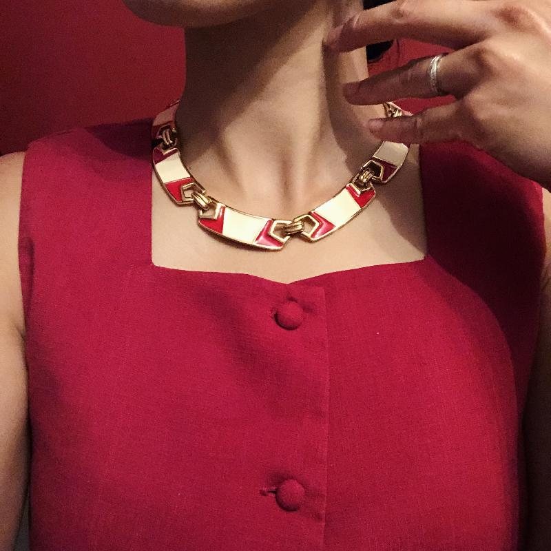 C.a. 1980s Monet Red X Ivory Geometric Enamel Jewelry New Old Stock- Necklace (MT1622)