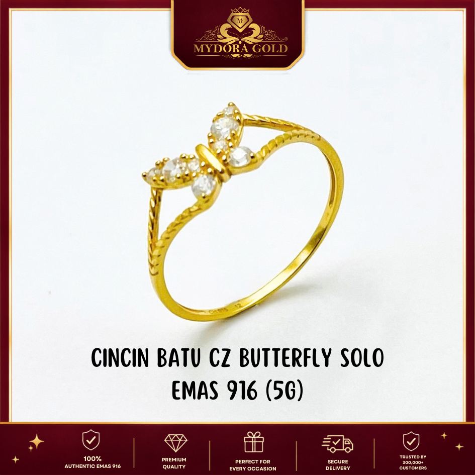 MYDORA Cincin Batu CZ Butterfly Solo l EMAS 916/22K