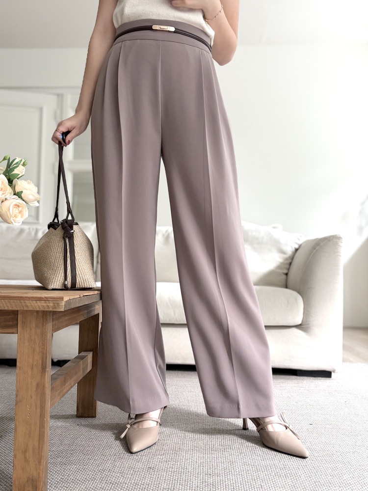 Charlyne Seamless-Front Slacks (Khaki Beige)
