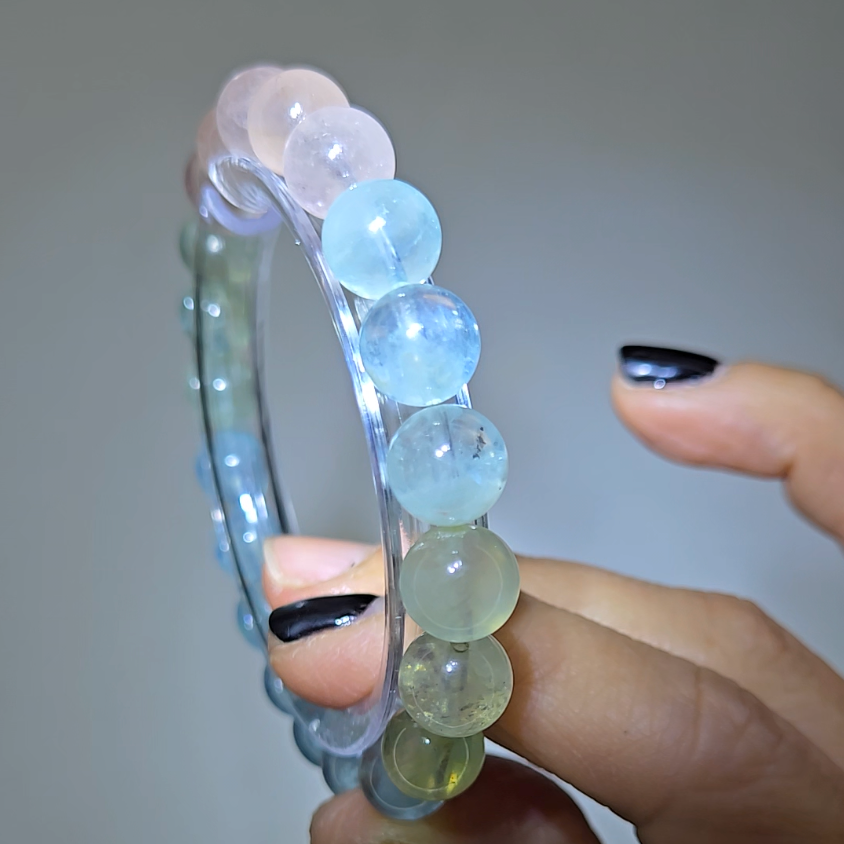 Morganite bracelets with 9mm beads in pink, blue, and green - MGN21