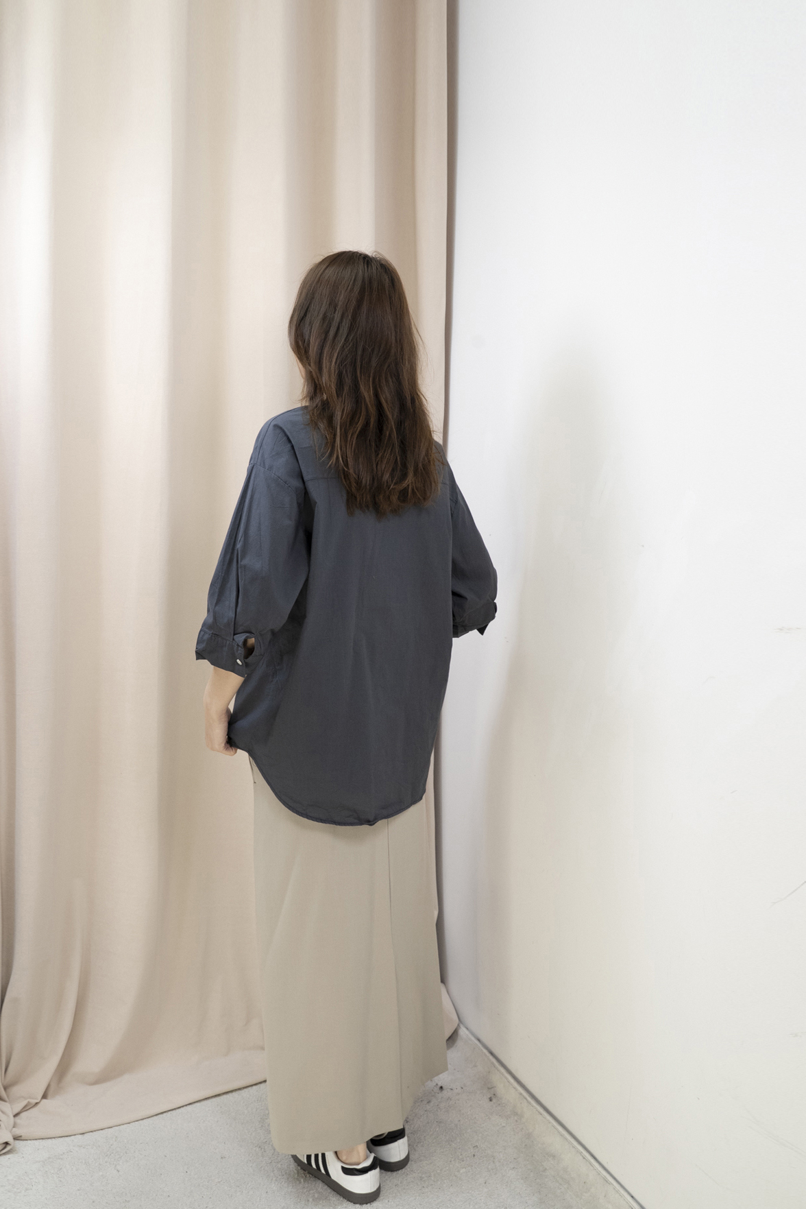 輕薄棉質恤衫襯衣(灰藍色）