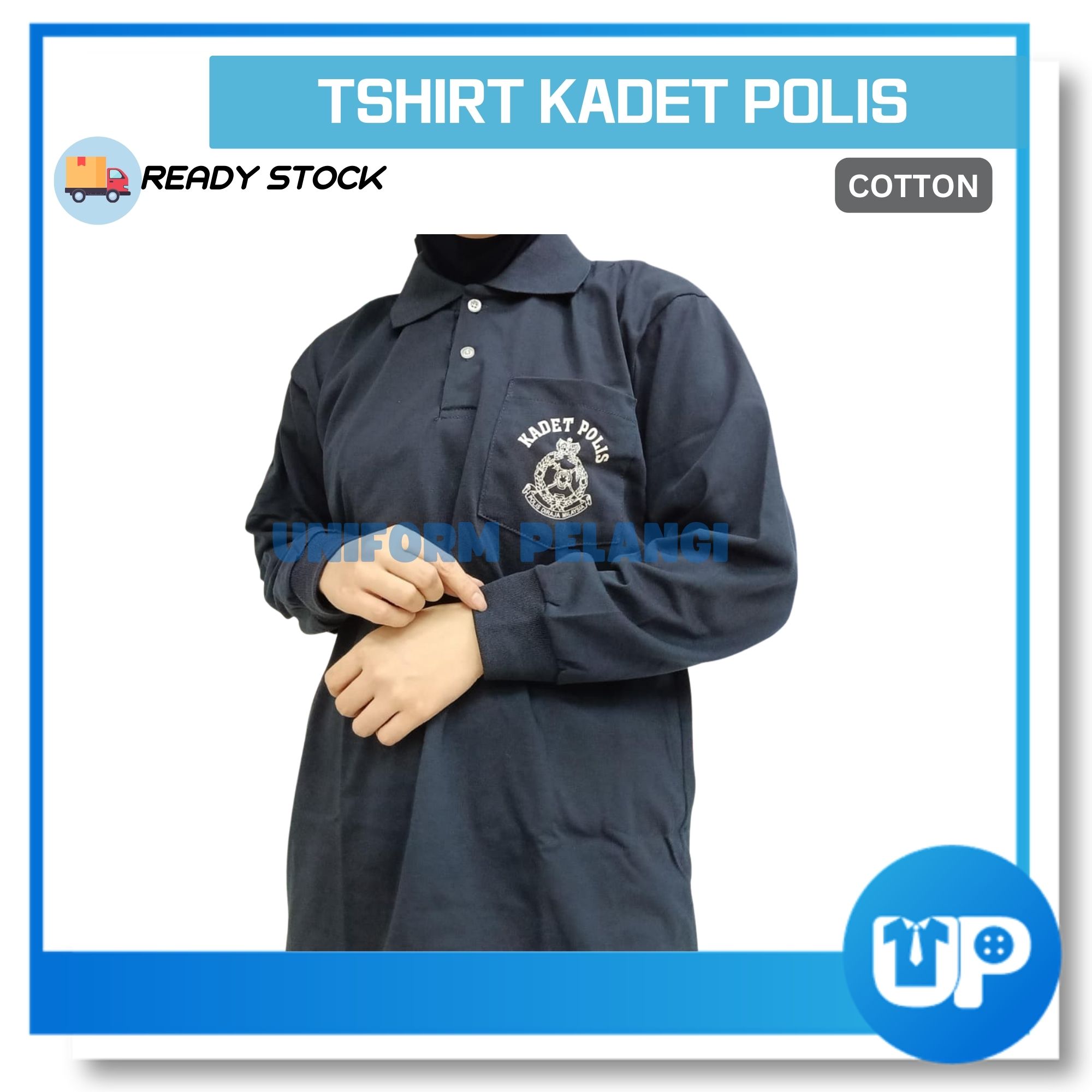 Baju Tshirt Kadet Polis Lengan Panjang Berkolar Biru Tua Kokurikulum Cadet Police Collar School Cotton Uniform Pelangi