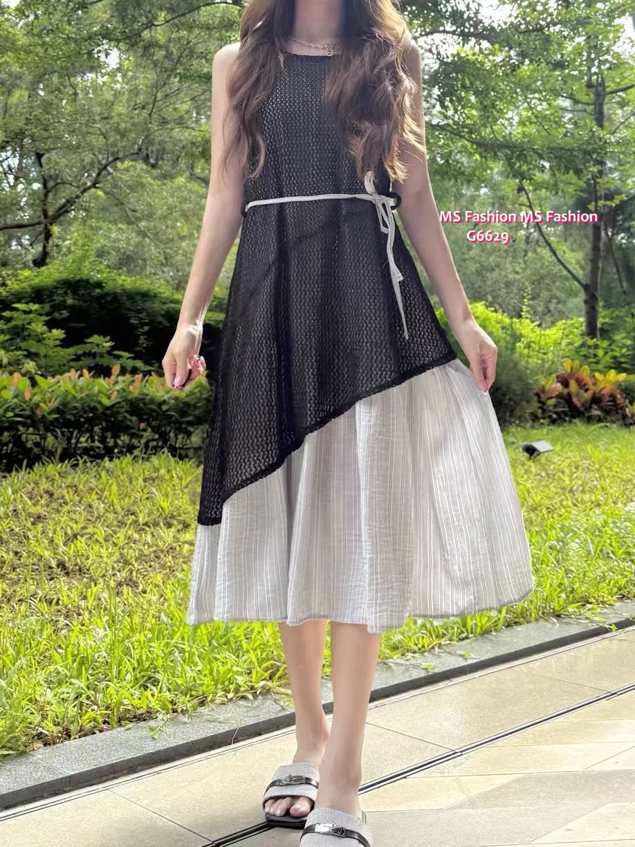 G6629 通花條子背心連身裙