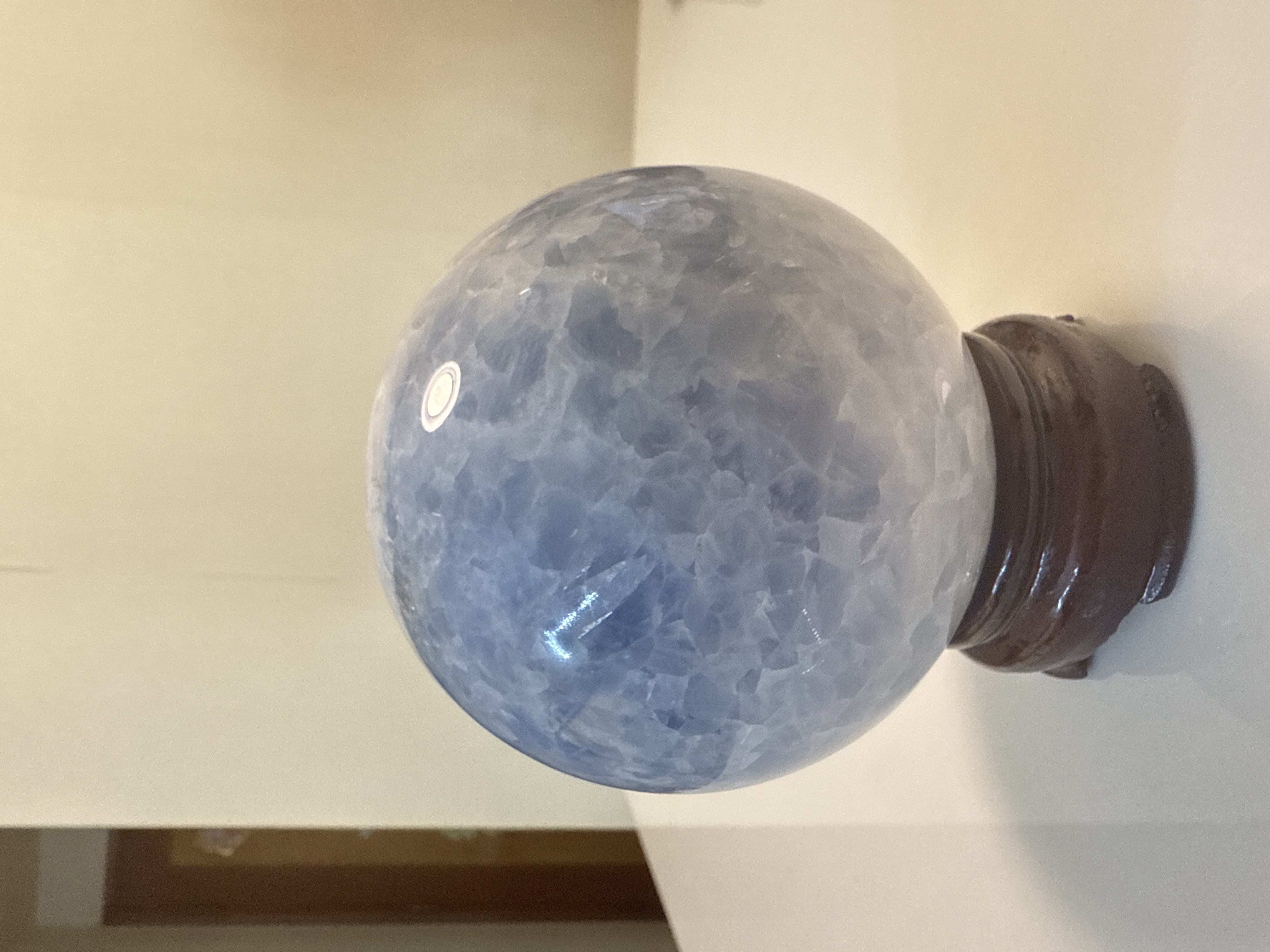 藍方解石球連座Blue Calcite Crystal Ball on Wooden Stand
