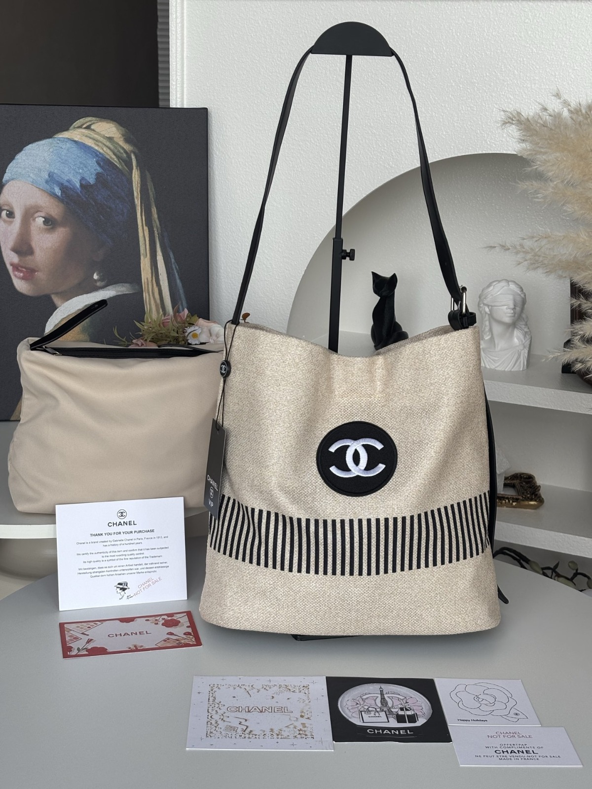 Chanel VIP亞麻條紋Hobo水桶二件套