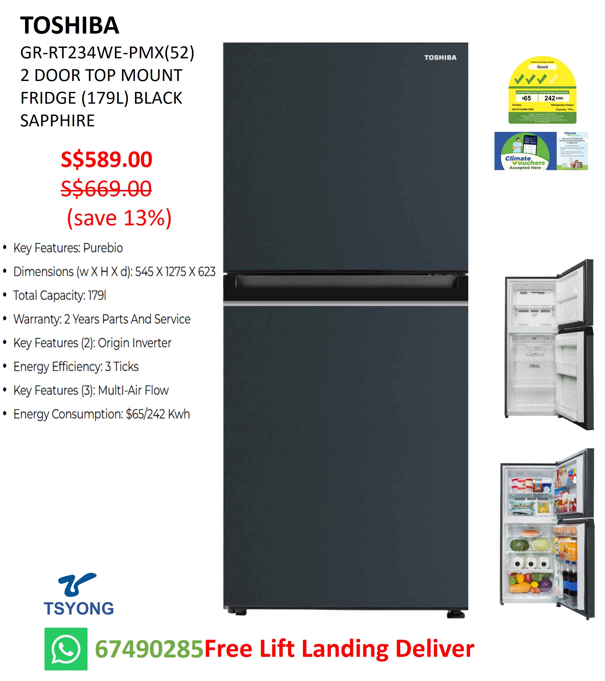 GR-RT234WE-PMX(52) TOSHIBA 179L TOP MOUNTED FREEZER