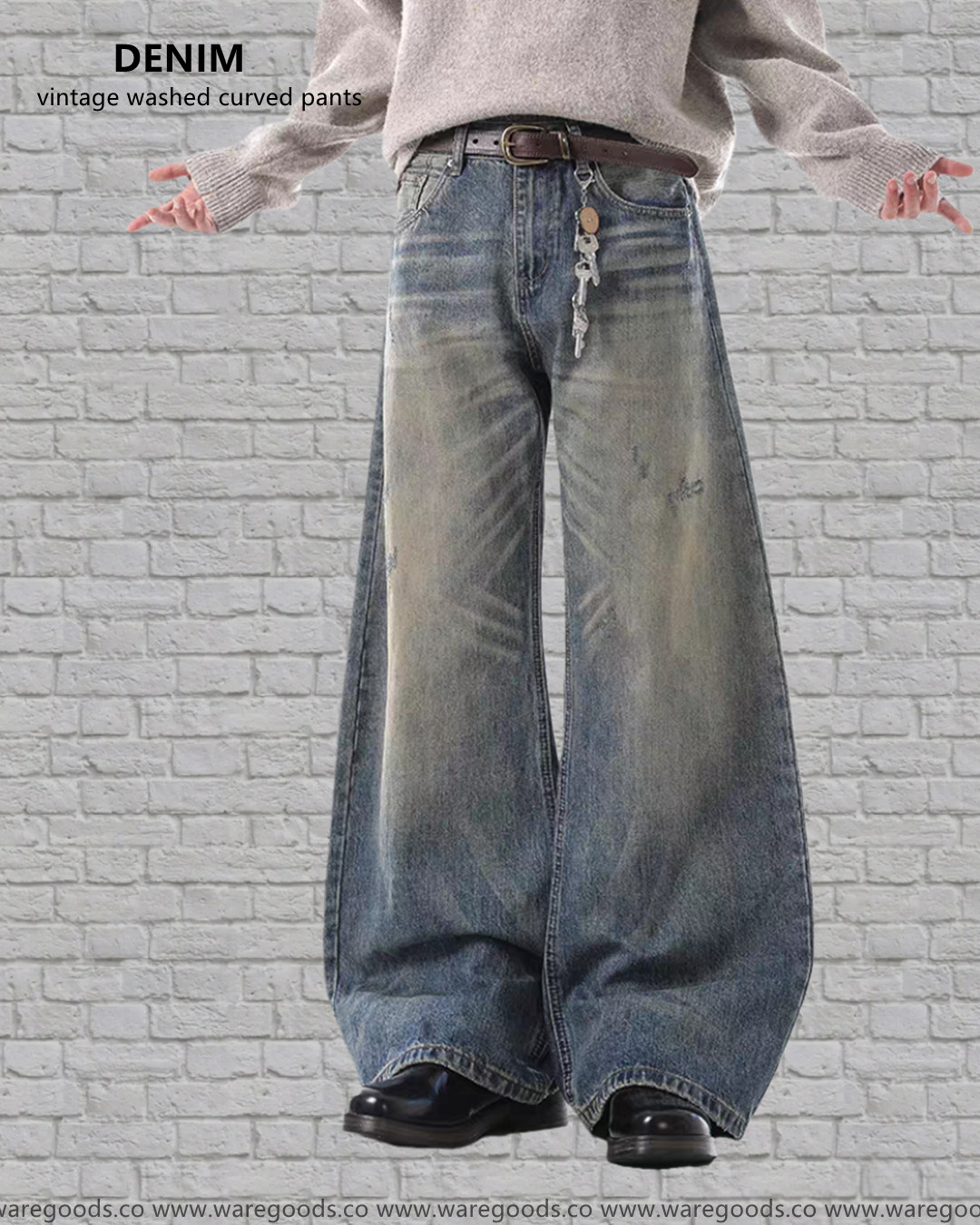 W6868洗水壓痕闊腳彎刀褲