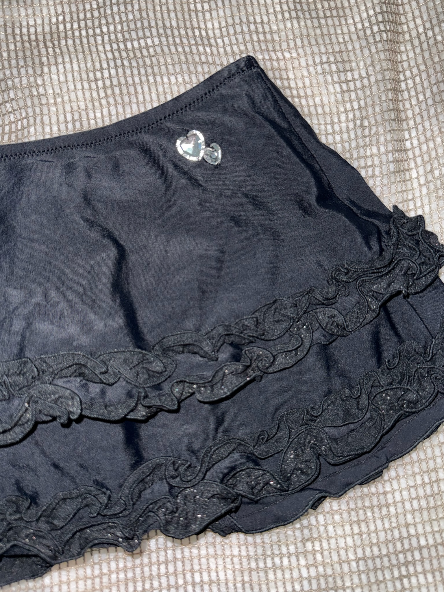 Rhinestone Heart Tiered Lace Trim Flouncy Mini Skirt