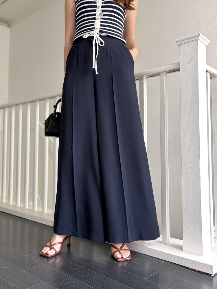 [超涼!!] Contrast Belt Wide Leg Slacks (Navy)