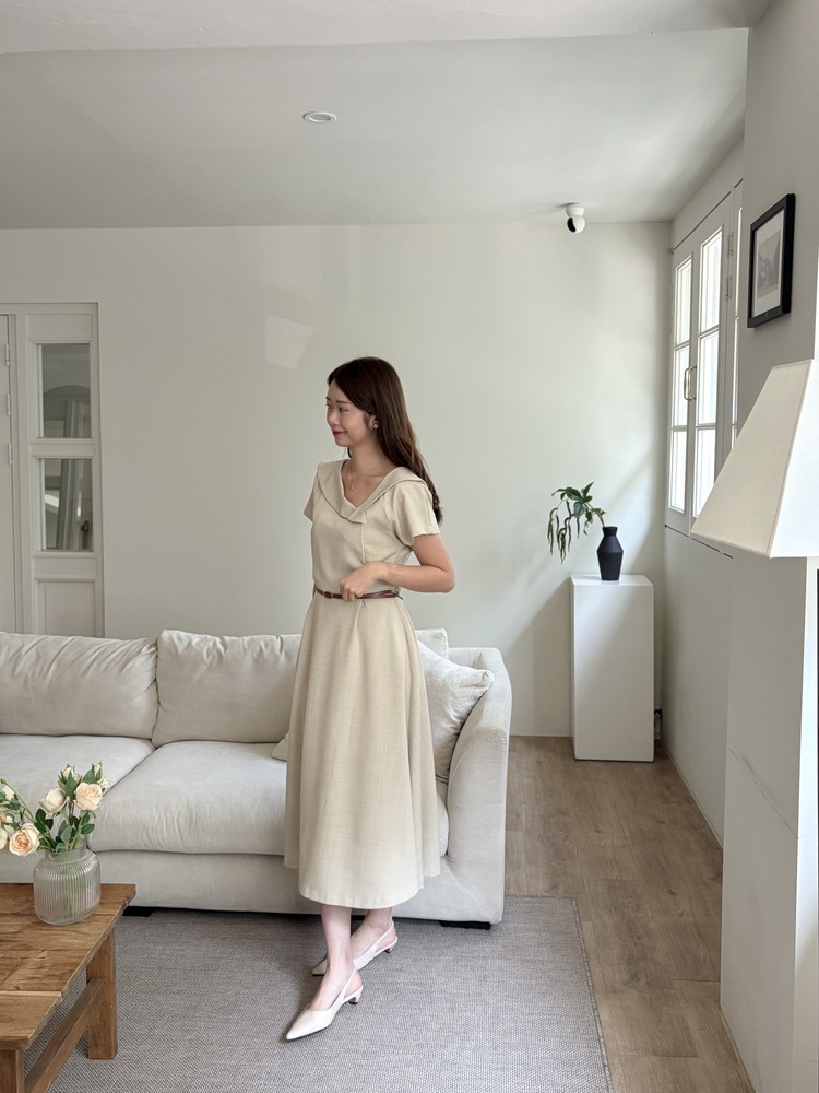 Sailor Collar Belted Dress (Beige)