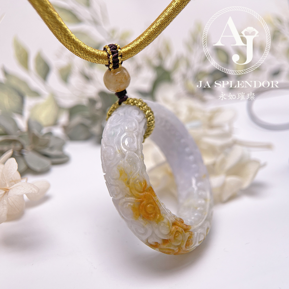 JN-3299 天然翡翠A玉 復古回紋順利招財黃翡精工雕刻糖環