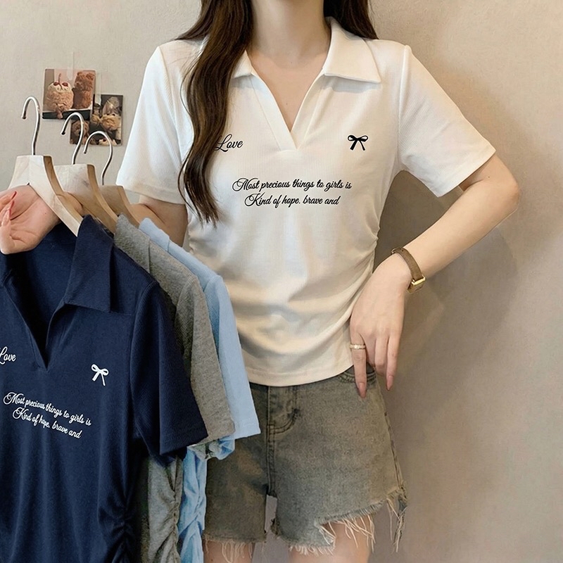 B124(36912) 美式甜美风斜小字母爱心蝴蝶结翻领4色上衣