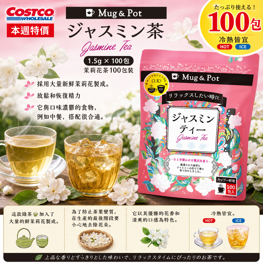  日本Costco 本週特價  Mug & Pot ジャスミン茶 1.5g X 100包 茉莉花茶100包裝