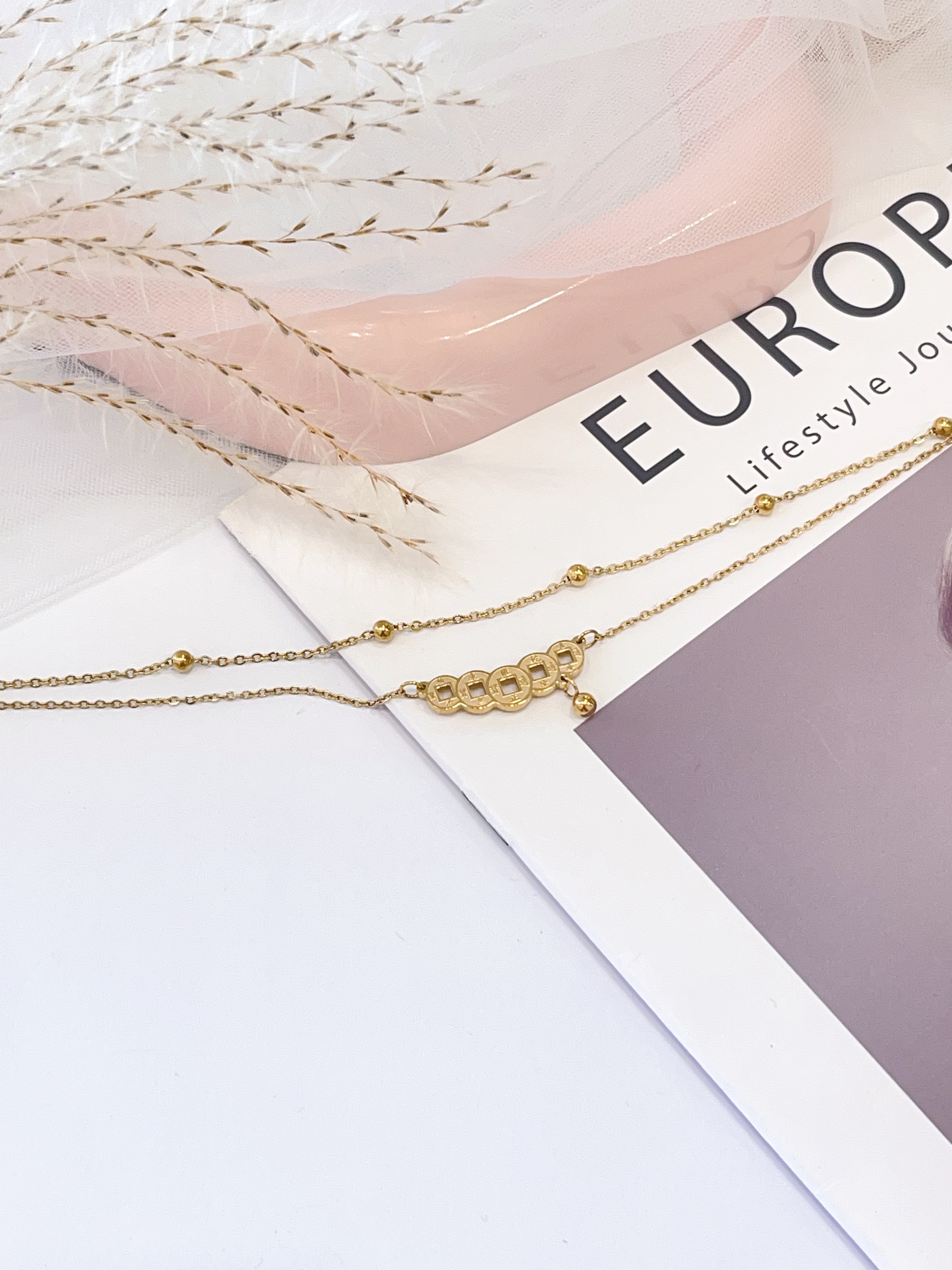 新中式铜钱双层钛钢脚链