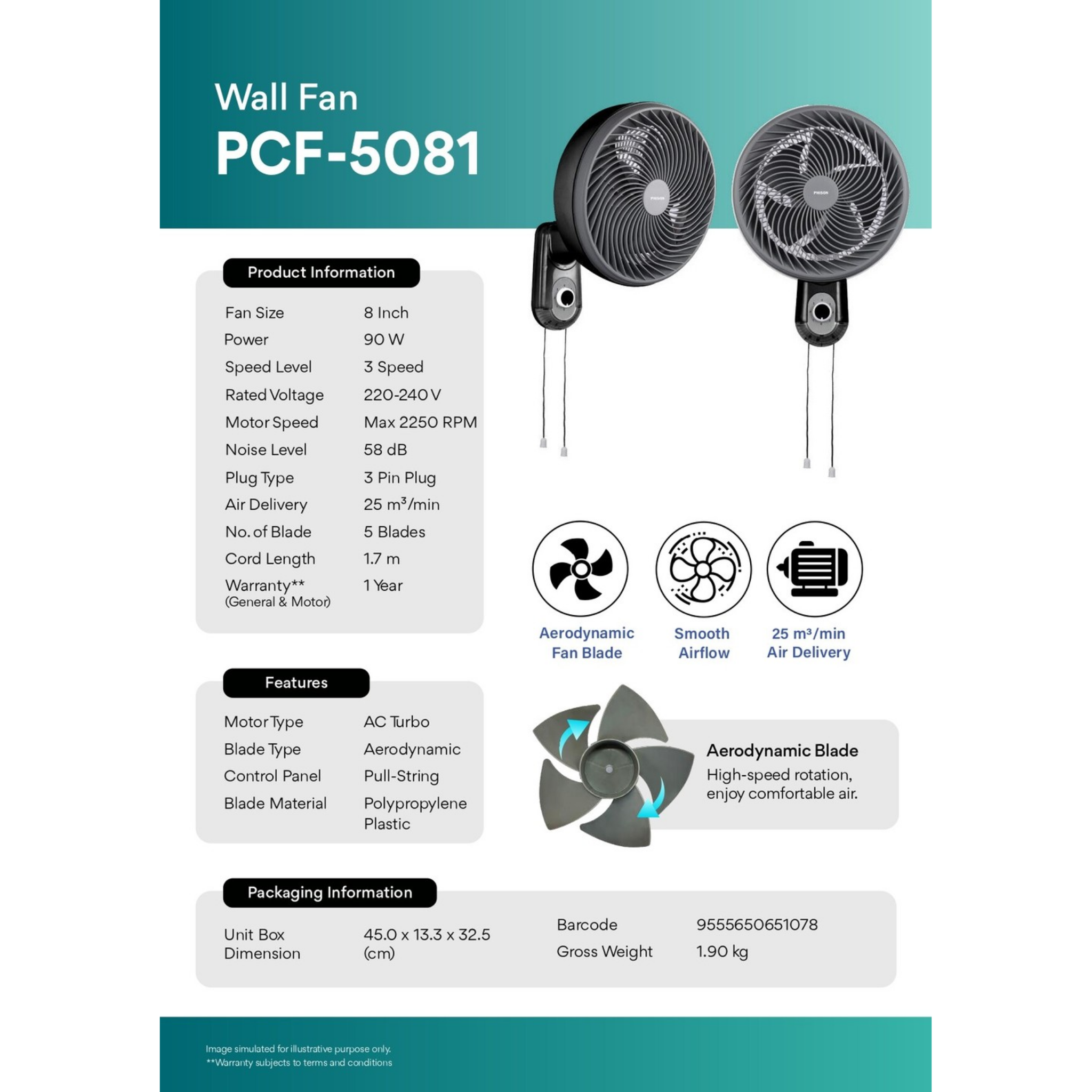 Phison 8" Circulation Wall Fan (PCF-5081)