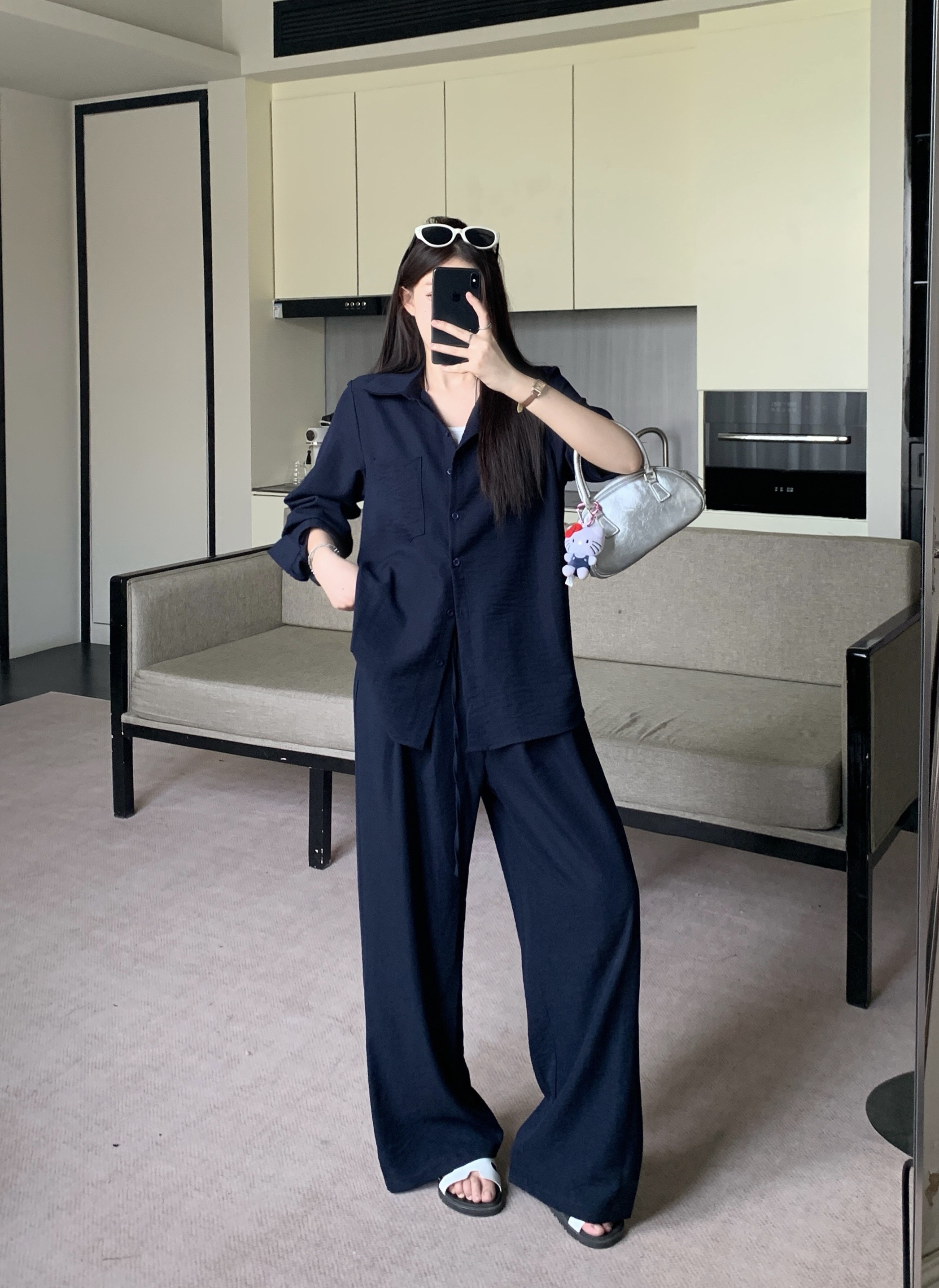 B277(3351) 气质慵懒老钱风翻领前排钮衬衫与长裤3色套装