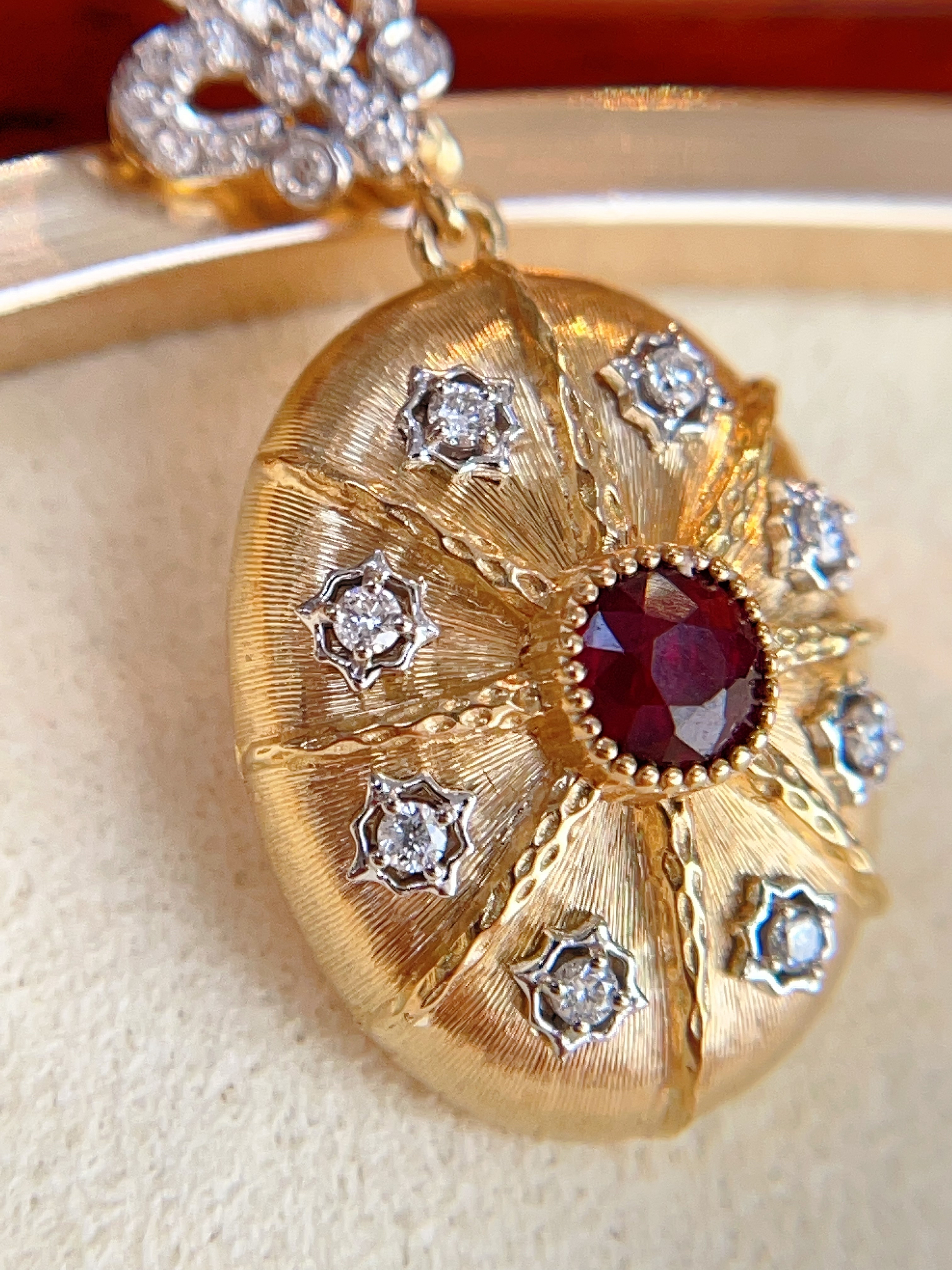 Italian Brushed Gold Ruby Treasure Box Pendant N031354