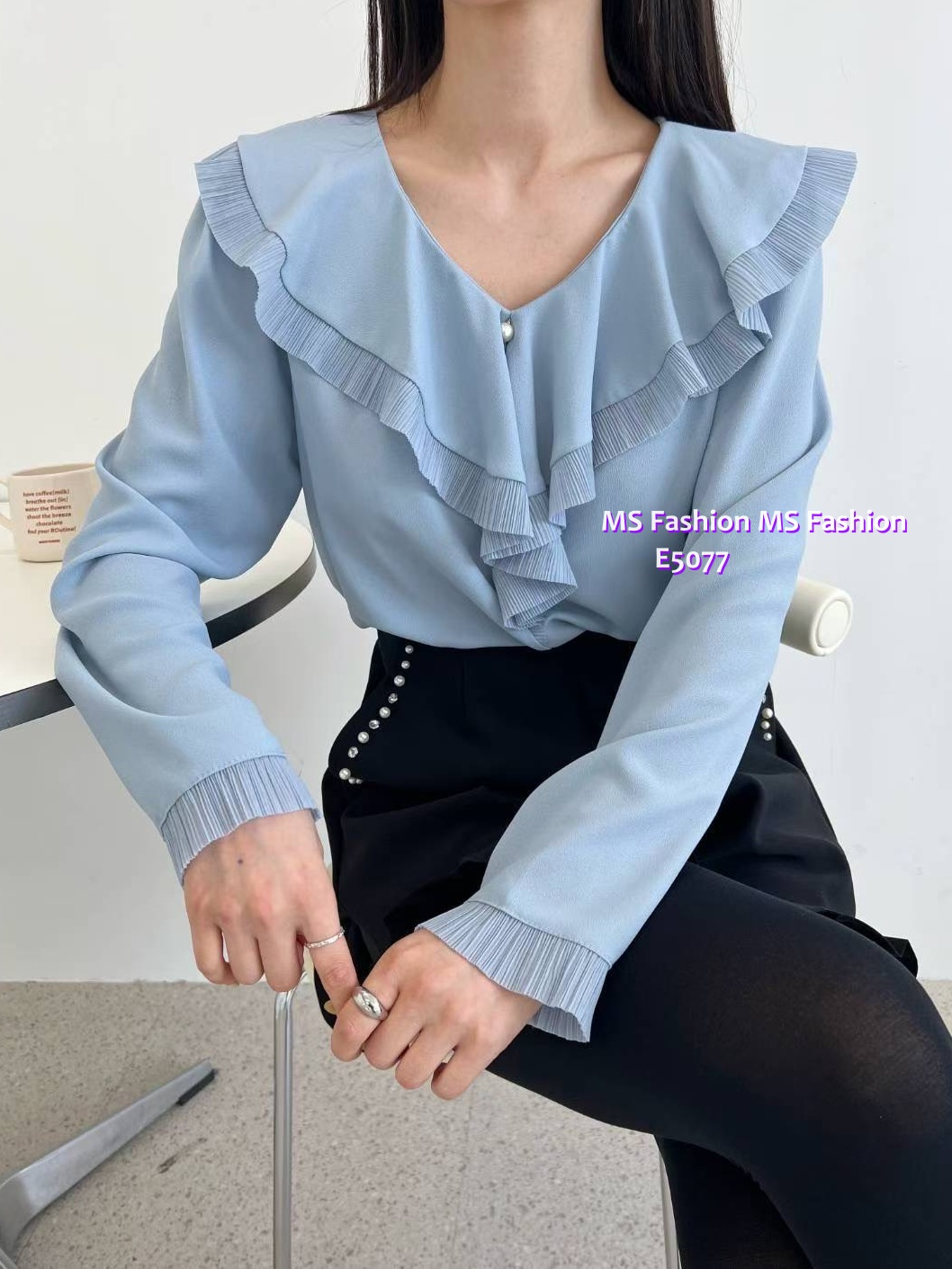 E5077 靚料V領ruffle top