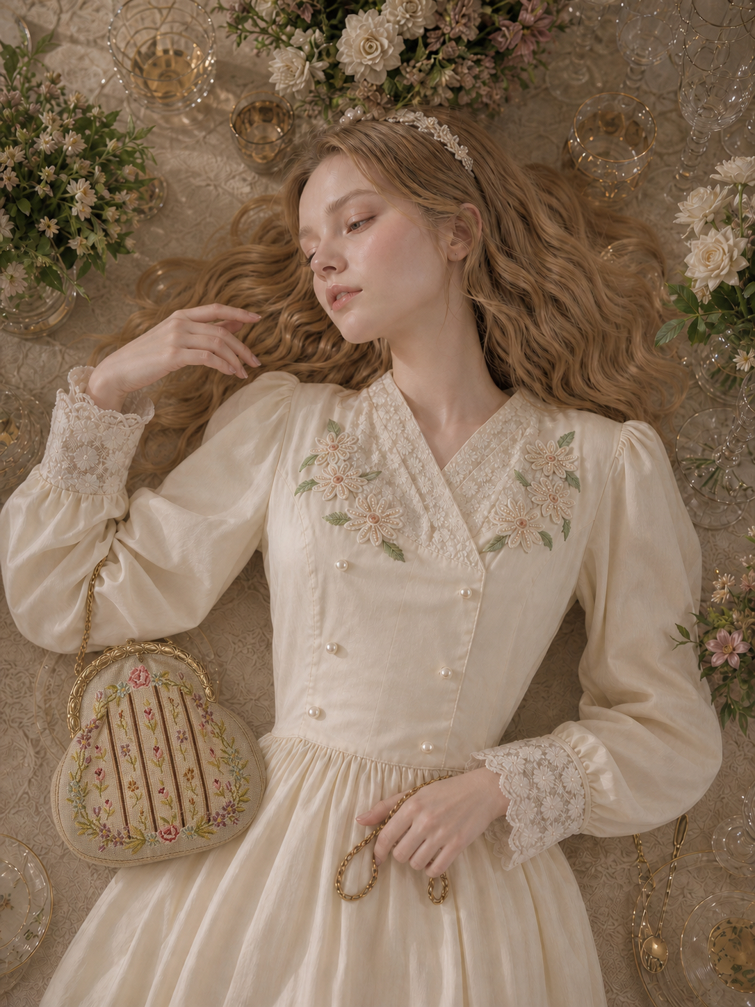 凡爾賽晨光野菊珍珠刺繡連身裙 Versailles Morning Light Daisy & Pearl Embroidered Vintage One-Piece Dress