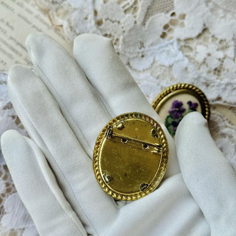 Vintage Mid-Century Rose & Forget Me Not Petit Needlepoint Brooch Pair(MT2346)
