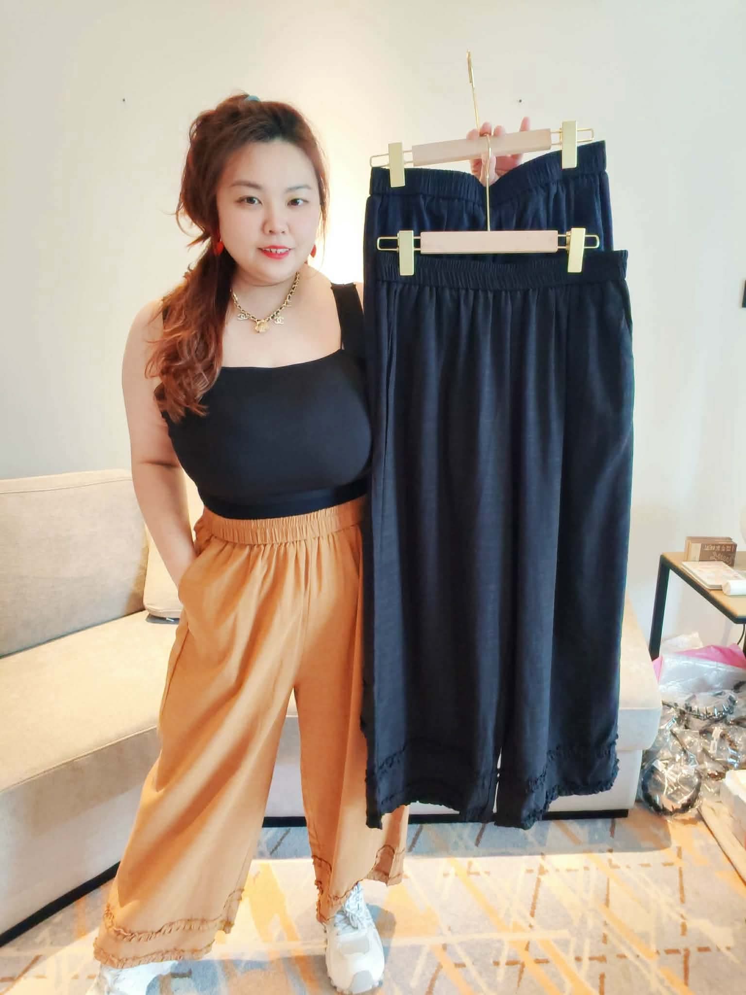 YPC06 1222 棉麻木耳边裤脚直筒长裤