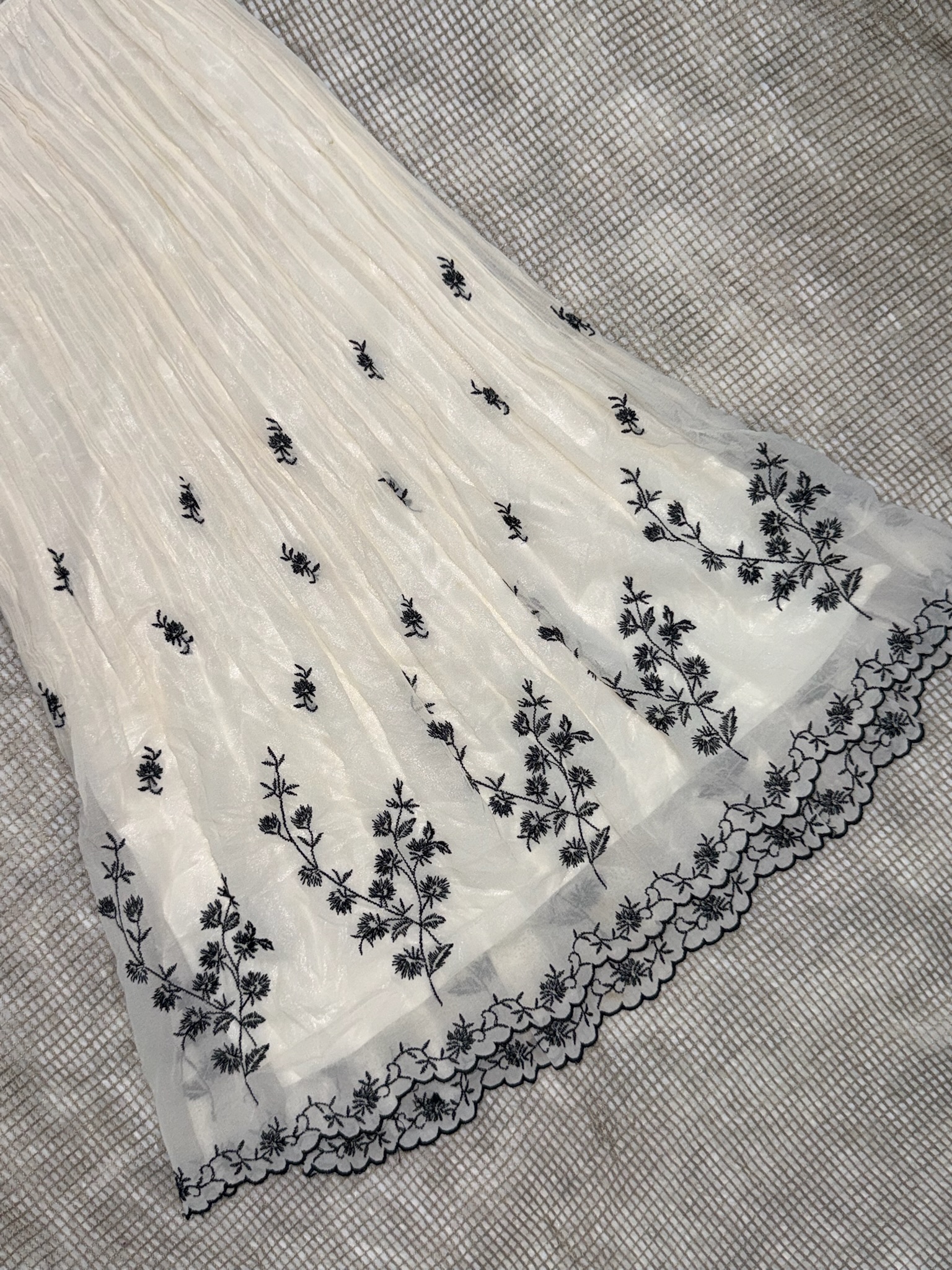 Cream Chiffon Botanical Sprig Plisse Maxi Long Skirt