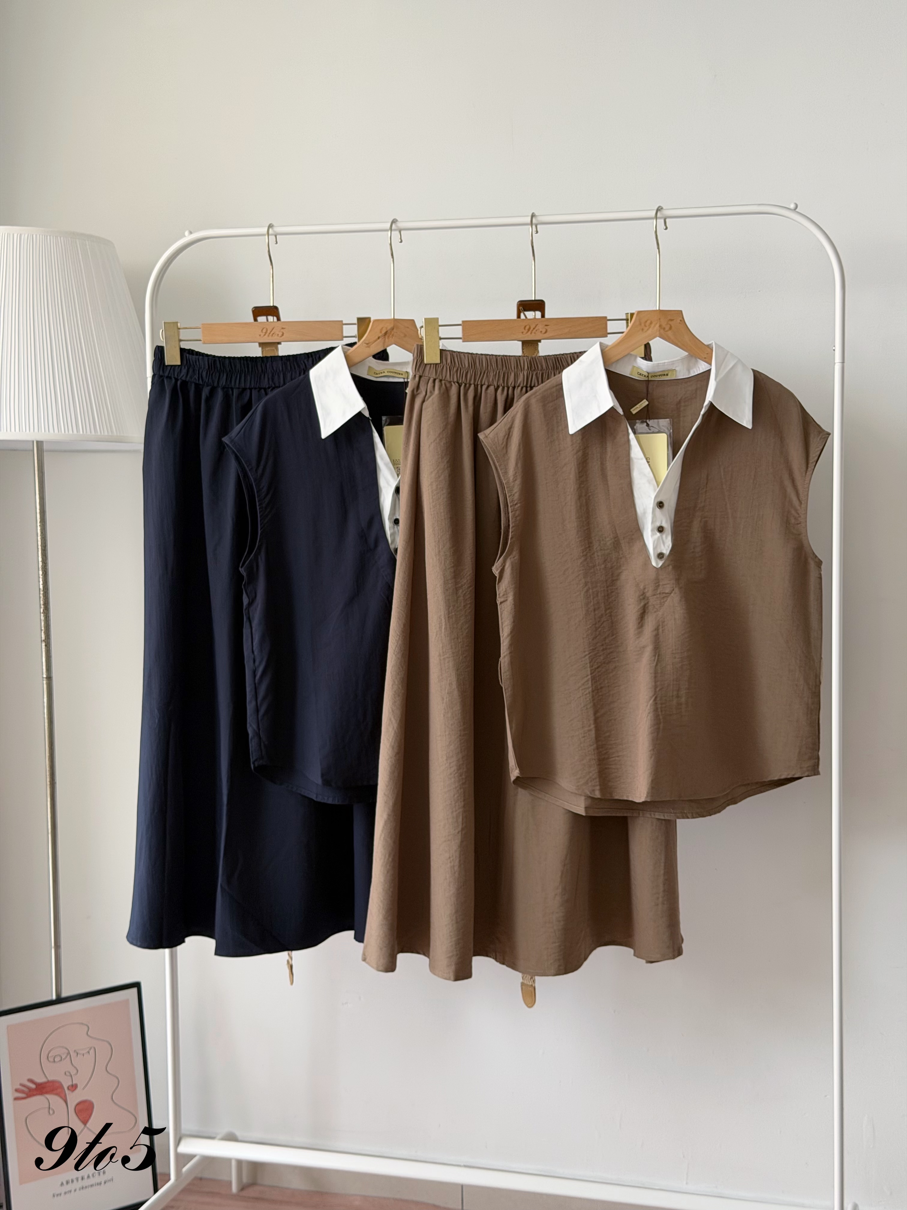 D2381 Fake Two-Pieces Matching Set - Brown & Navy