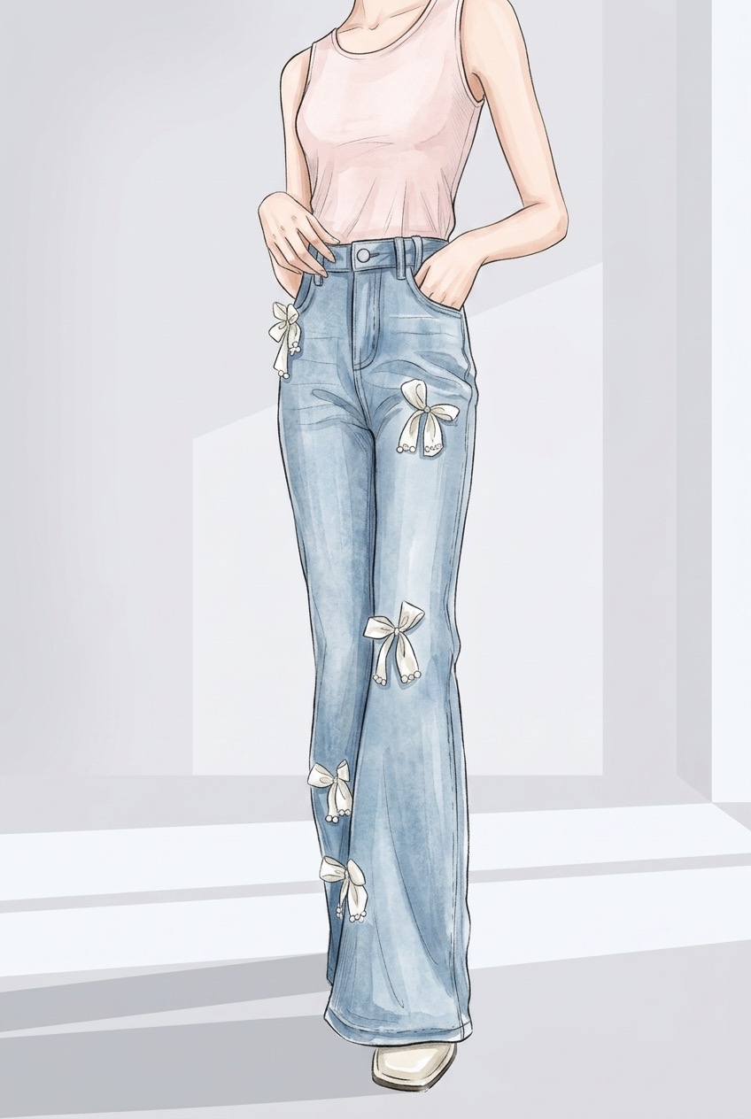 蝴蝶結喇叭洗水牛仔褲