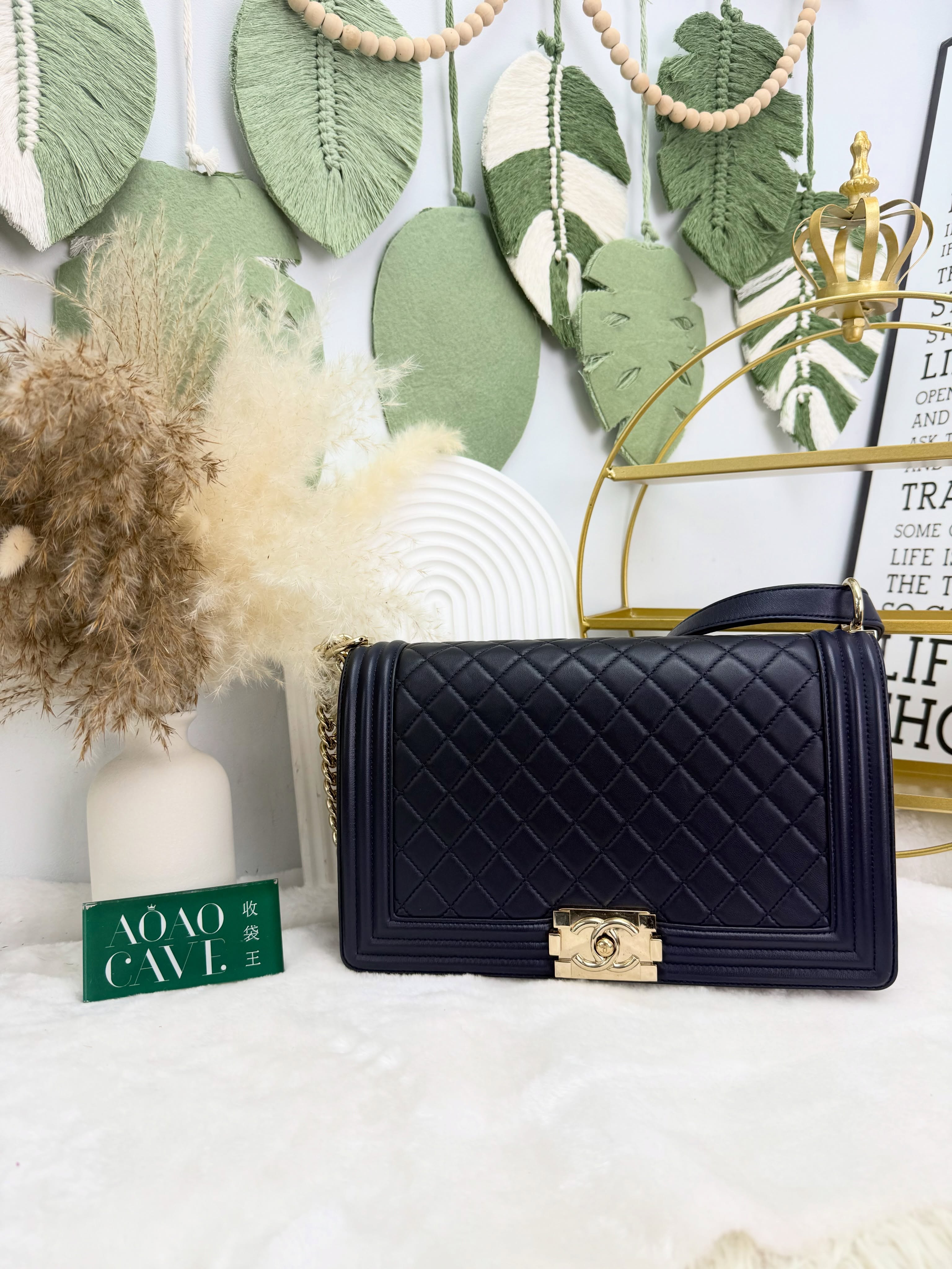 Chanel👜 PRE OWNED 🛍️藍色荔枝紋小牛皮菱格紋leboy 💙中大size 22開 有卡💼 