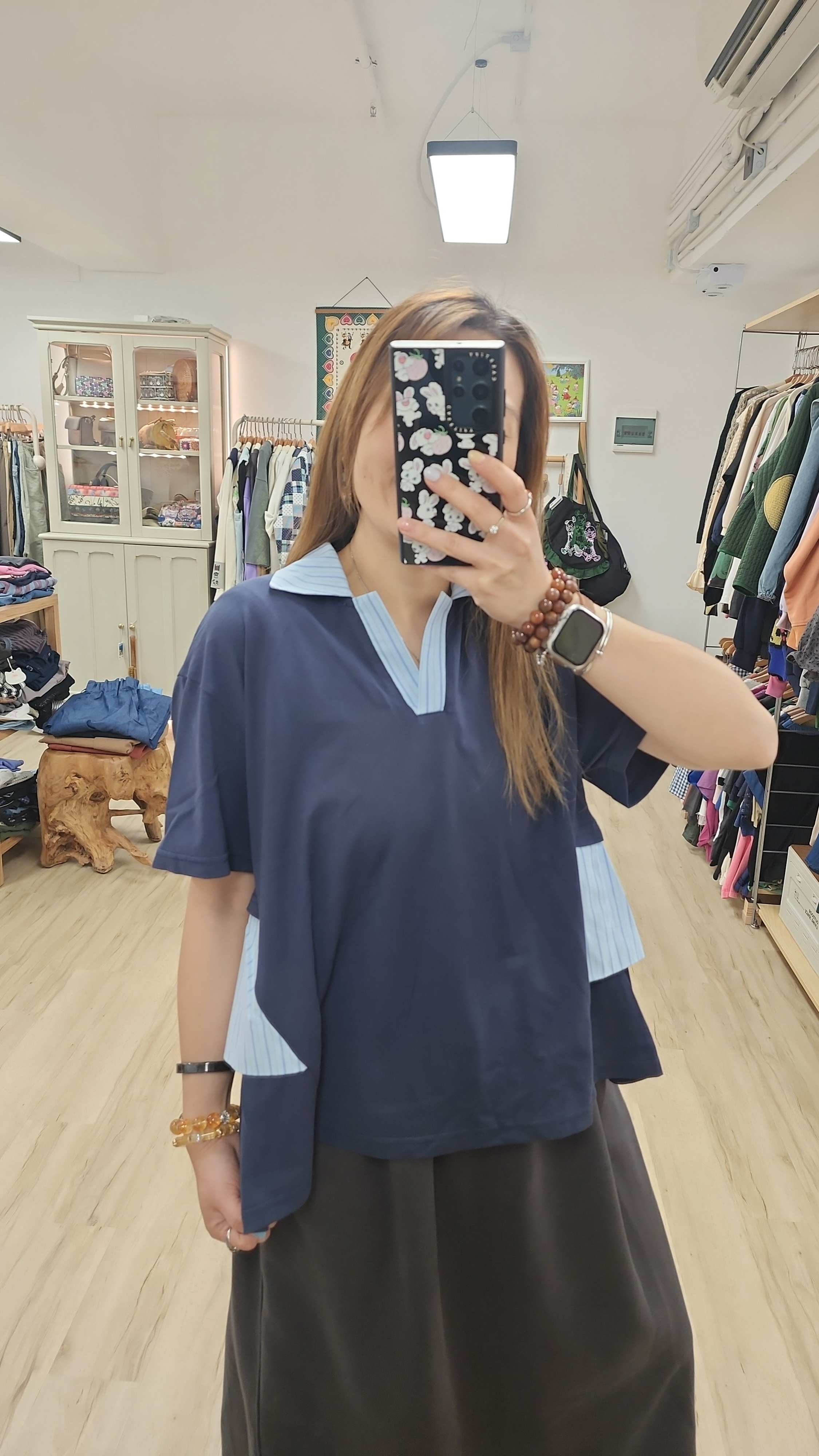 韓國深藍拼布背Ruffle Tee