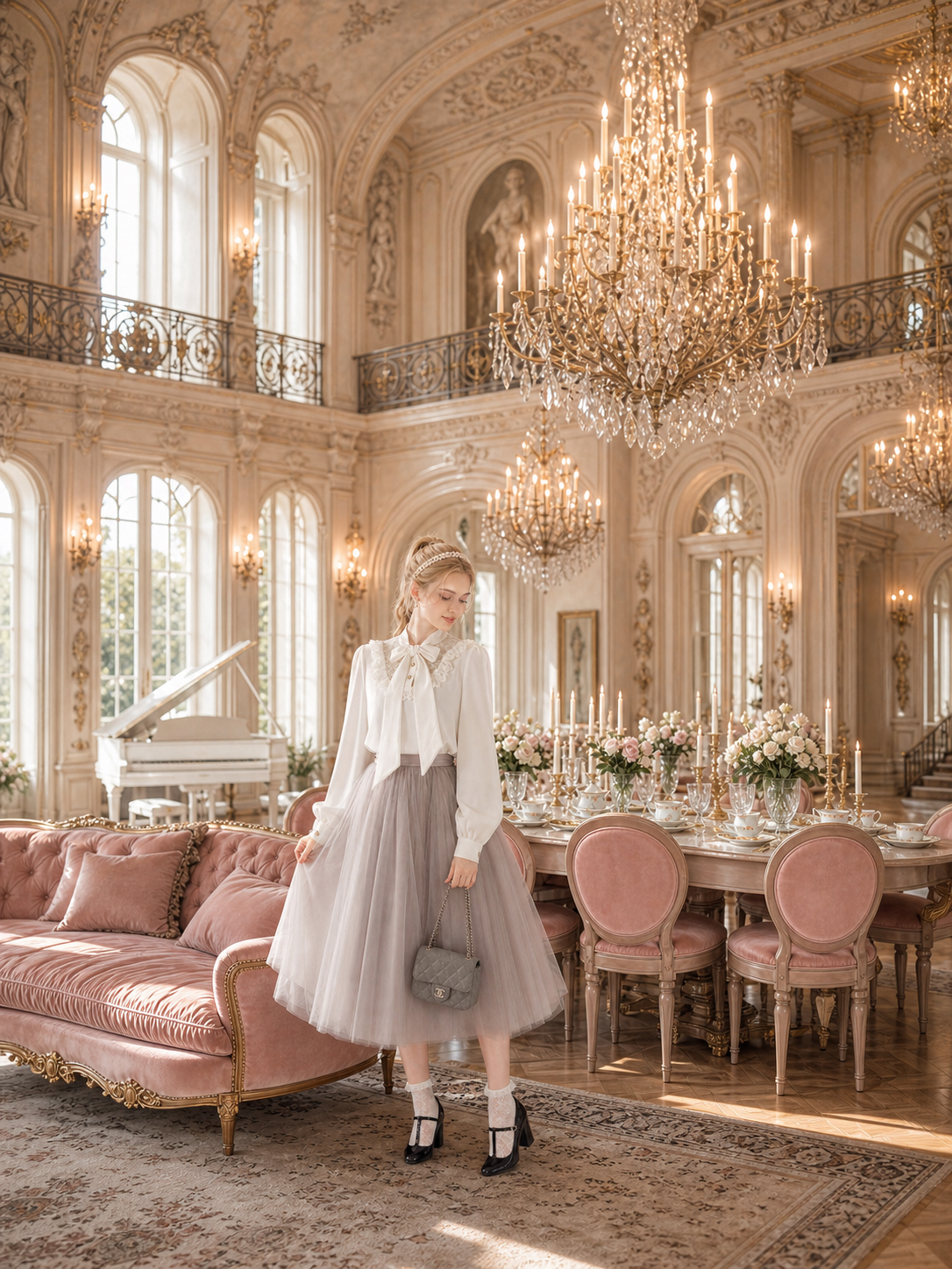 凡爾賽玫瑰的加冕珍珠蕾絲蝴蝶結宮廷襯衫 The Coronation of Versailles Rose: Pearl & Lace Bow Palace Blouse