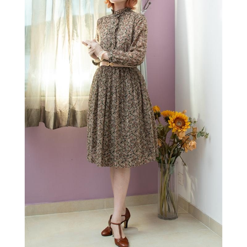 Vintage Japanese Joynana Autumn Floral Ruffle Trimmed Chiffon Dress / Long Sleeve Dress (MT1840-2)