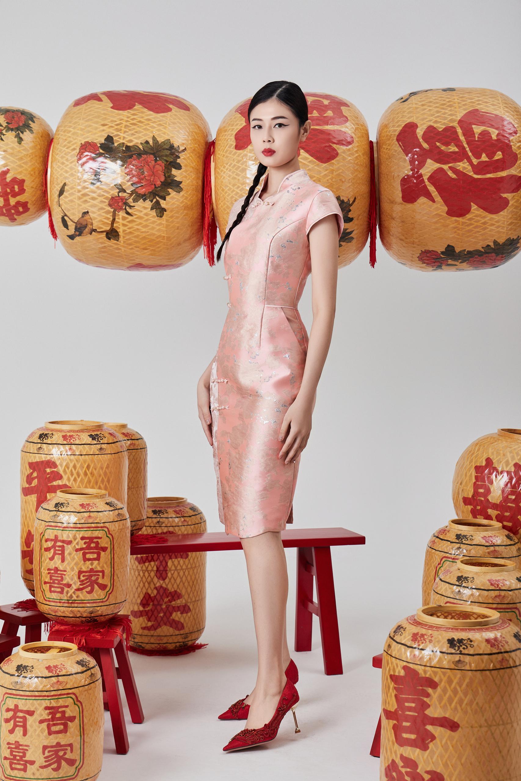 双色旗袍连身裙 粉色/蓝色2126