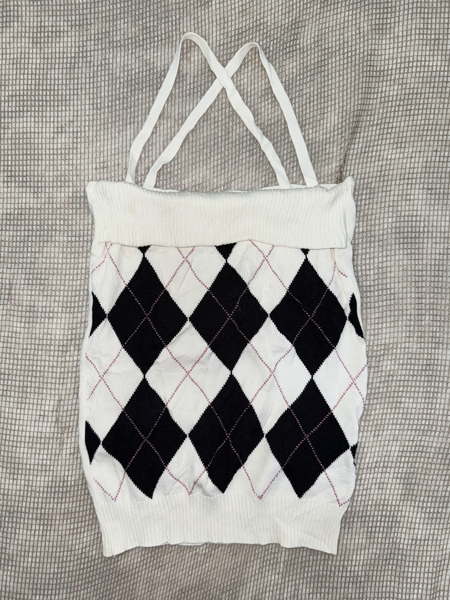 Black & White Argyle Knit Camisole with Fold-Over Neckline and Cross Straps