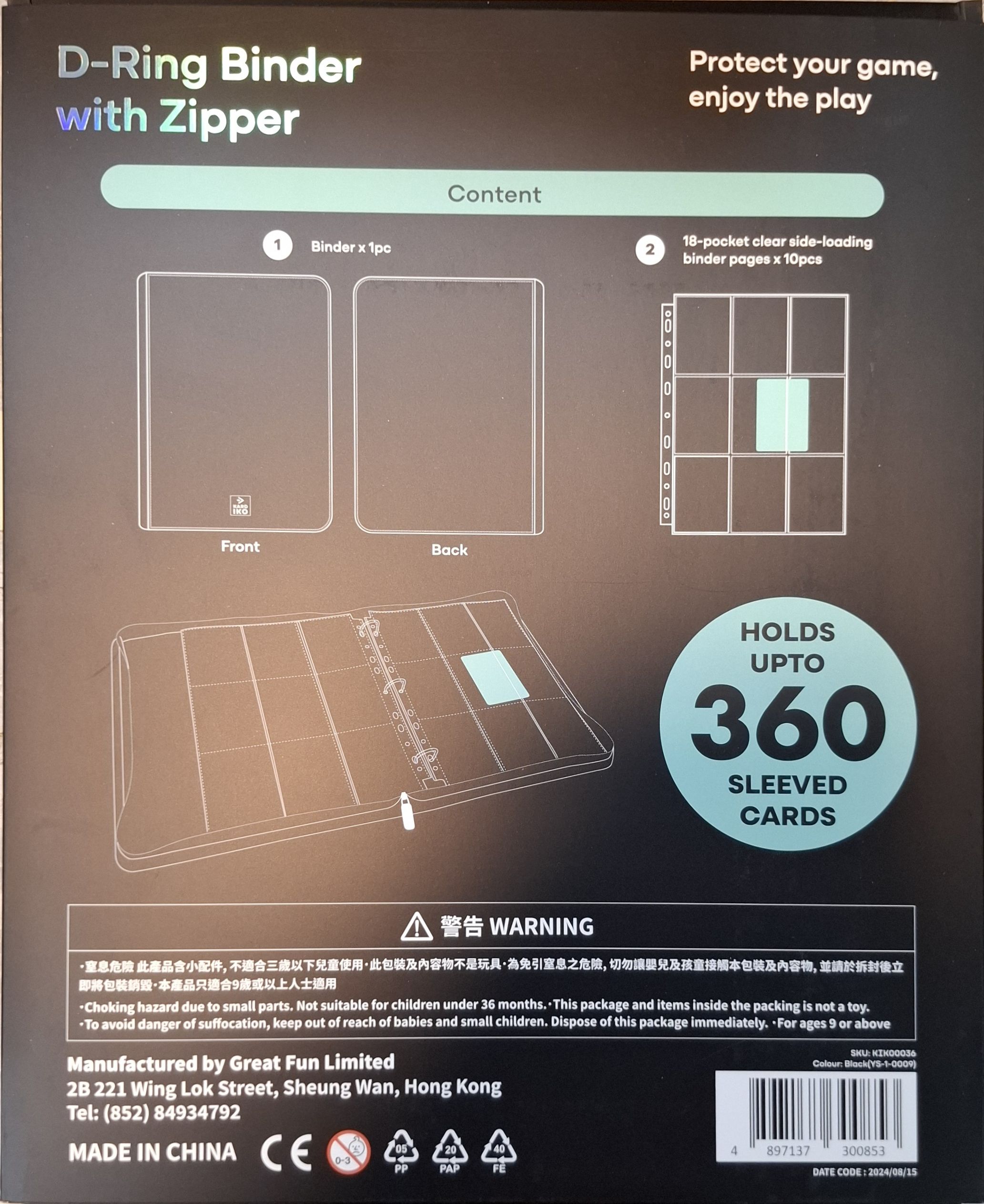 KARD IKO D-RING BINDER WITH ZIPPER 360 BLACK