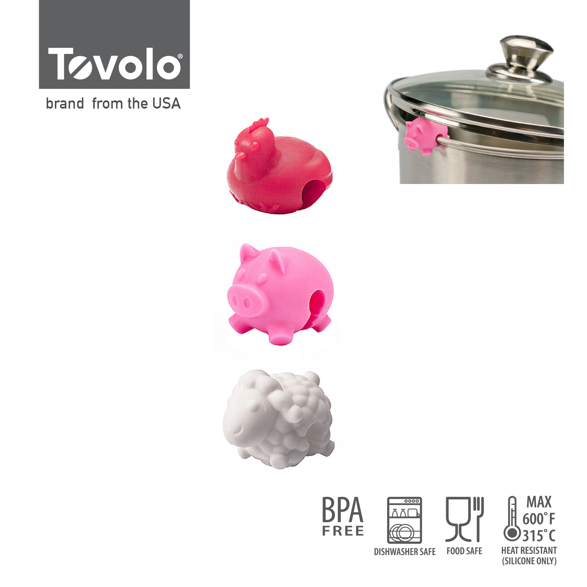 TOVOLO 鍋蓋承托器 (3件裝) - 農場動物 | S/3 FARM ANIMAL POT LID LIFTS