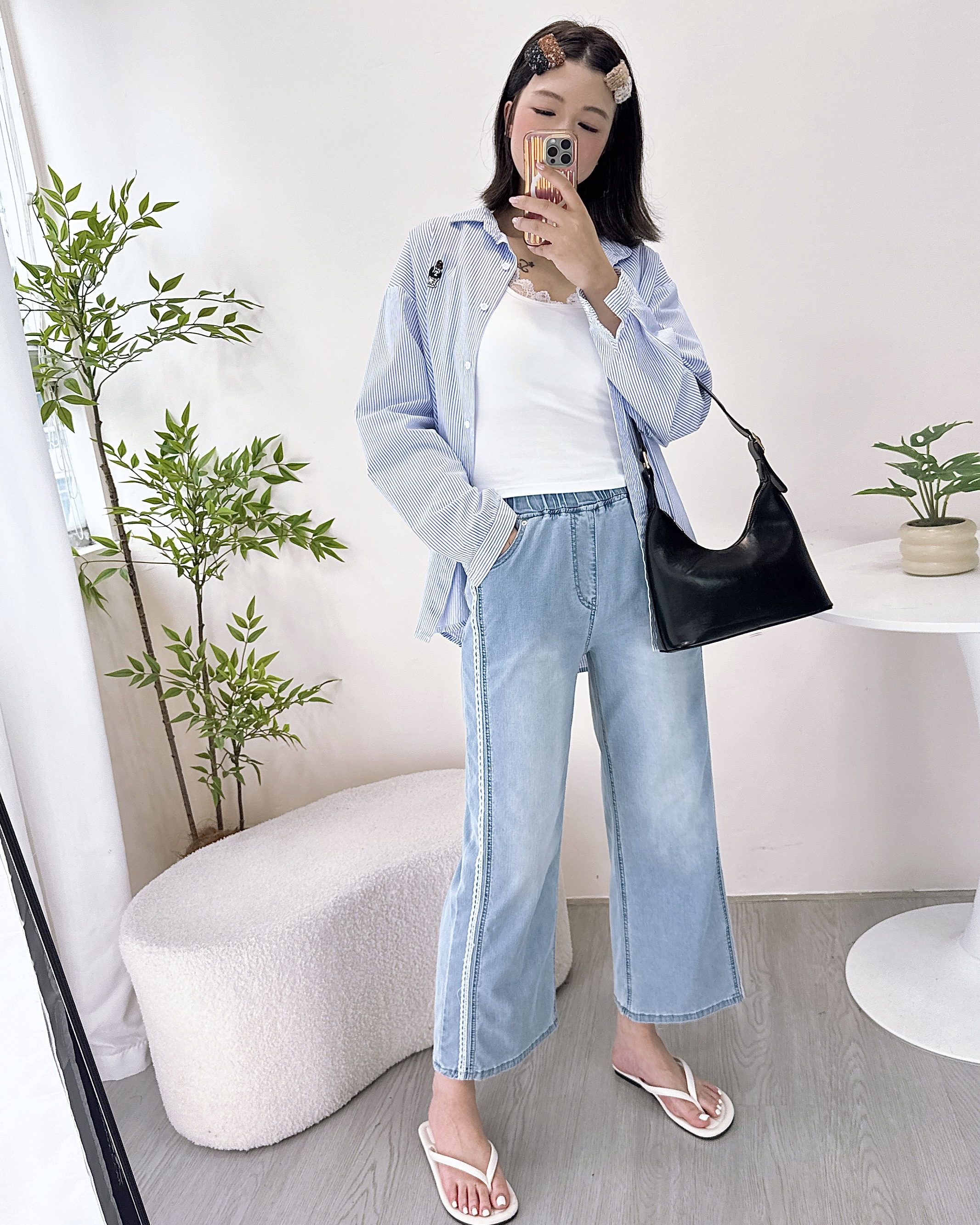 夏天超顯白淺藍通花邊九分直腳牛