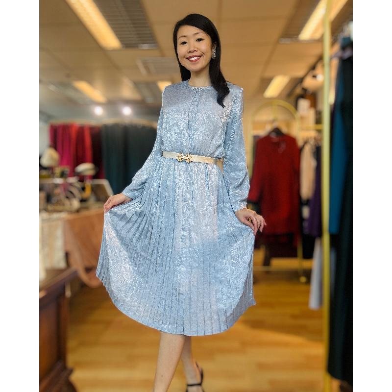Vintage Bluish Grey Shiny Foliage Pattern Pleated Day & Night Dress (PP001-33)