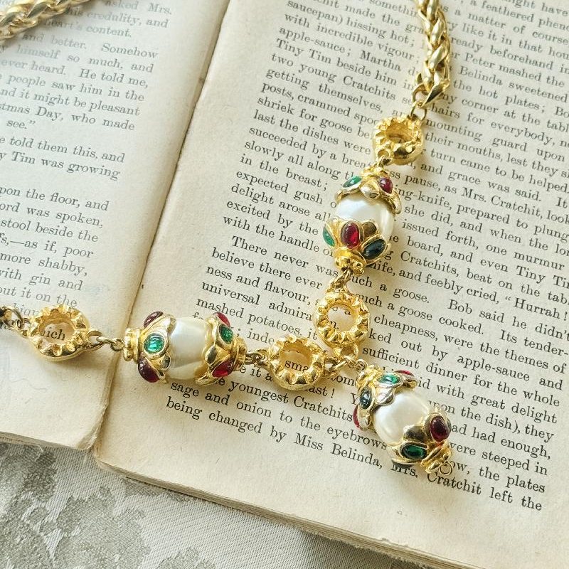 Vintage Re-designed 1980s Designer Quality Multi-colour Faux Pearl Dangle Piece Necklace(MT2386)