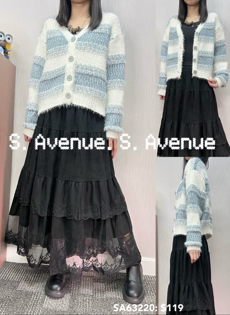 SA63220: 長袖間條有鈕毛毛冷外套