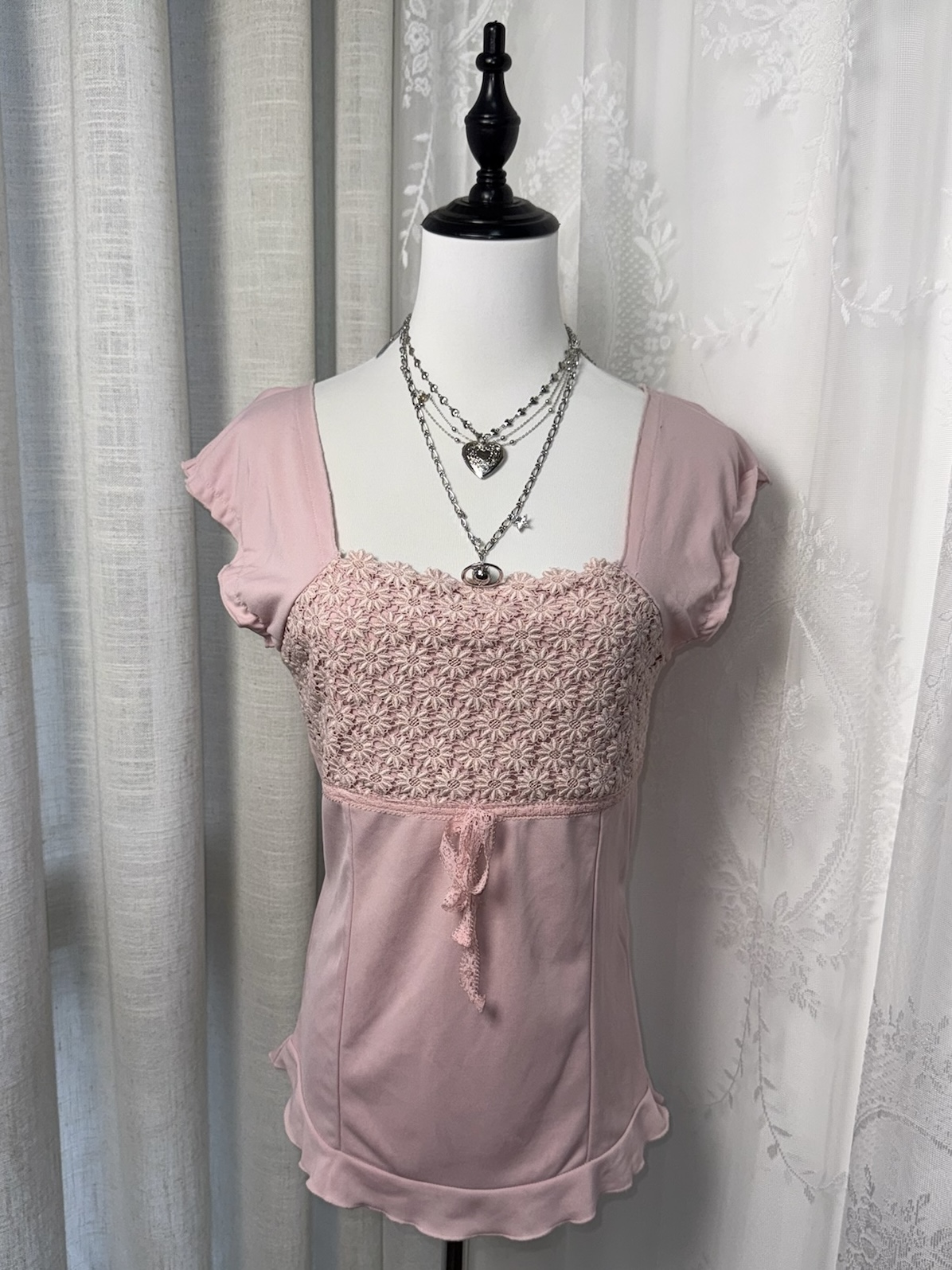 Pink Lace Bustier Cap Sleeve Tee